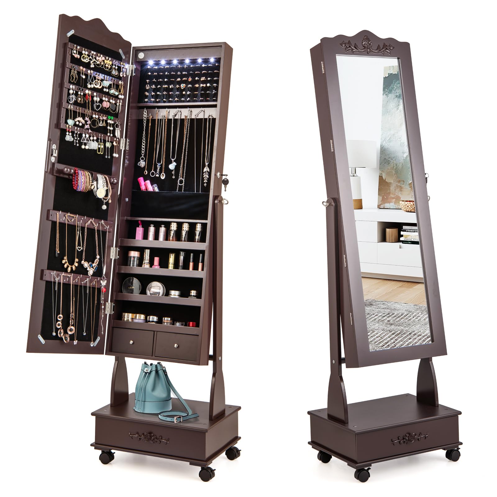 COSTWAY Armario para joyas con espejo, armario con espejo LED con cajón, organizador de joyas con cerradura, sobre ruedas, ideal para almacenamiento y maquillaje