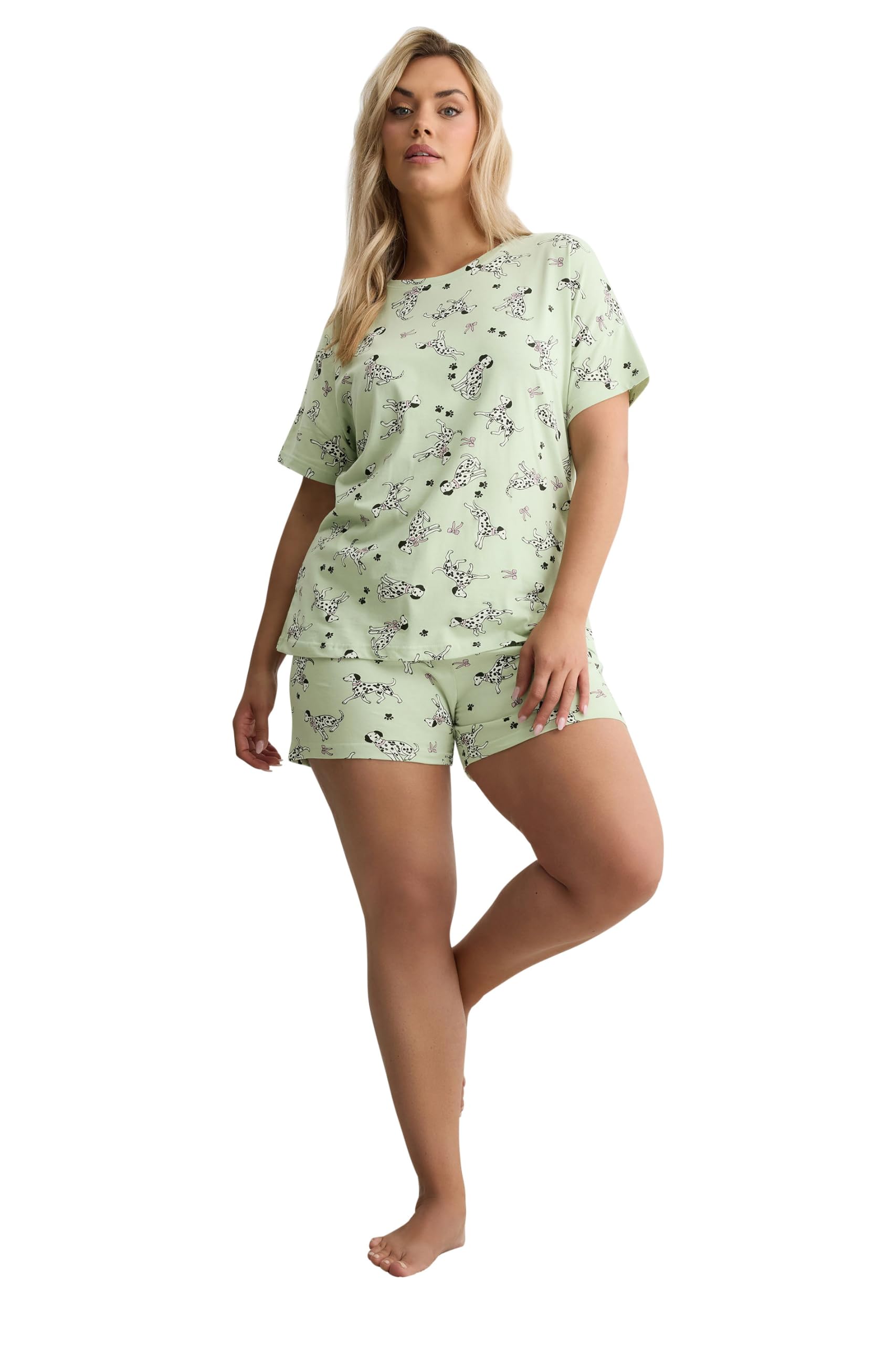 Yours Women's Dalmatians Short Sleeve Pyjama Set in Light Green | Size: 26-28