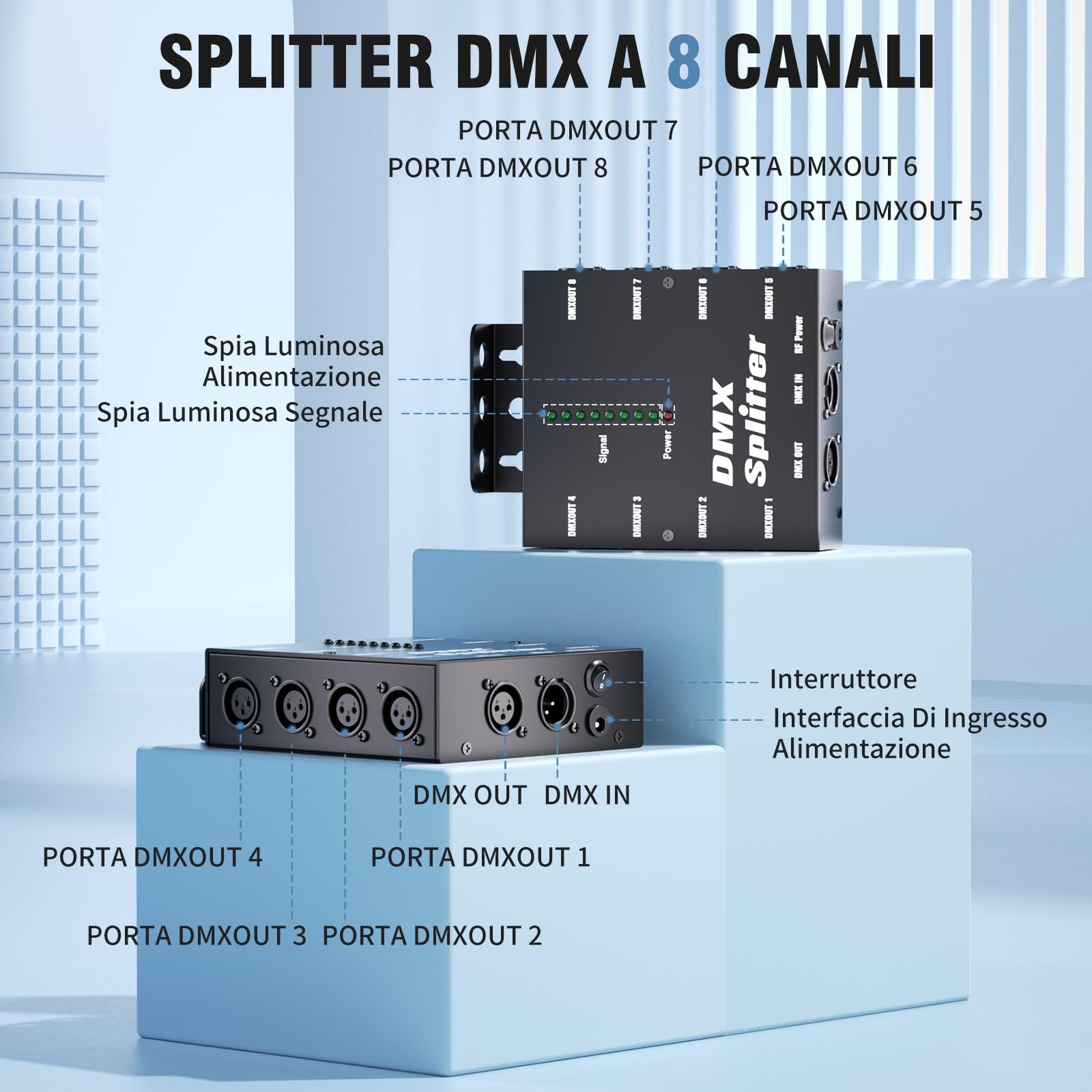 Splitter Ottico DMX, Amplificatore di Segnale DMX 512 con 1 Ingresso e 9 Uscite Indipendenti, compatibile con Lampada PAR Faro Mobile Luci di Scena, per Creare Spettacoli di Luci