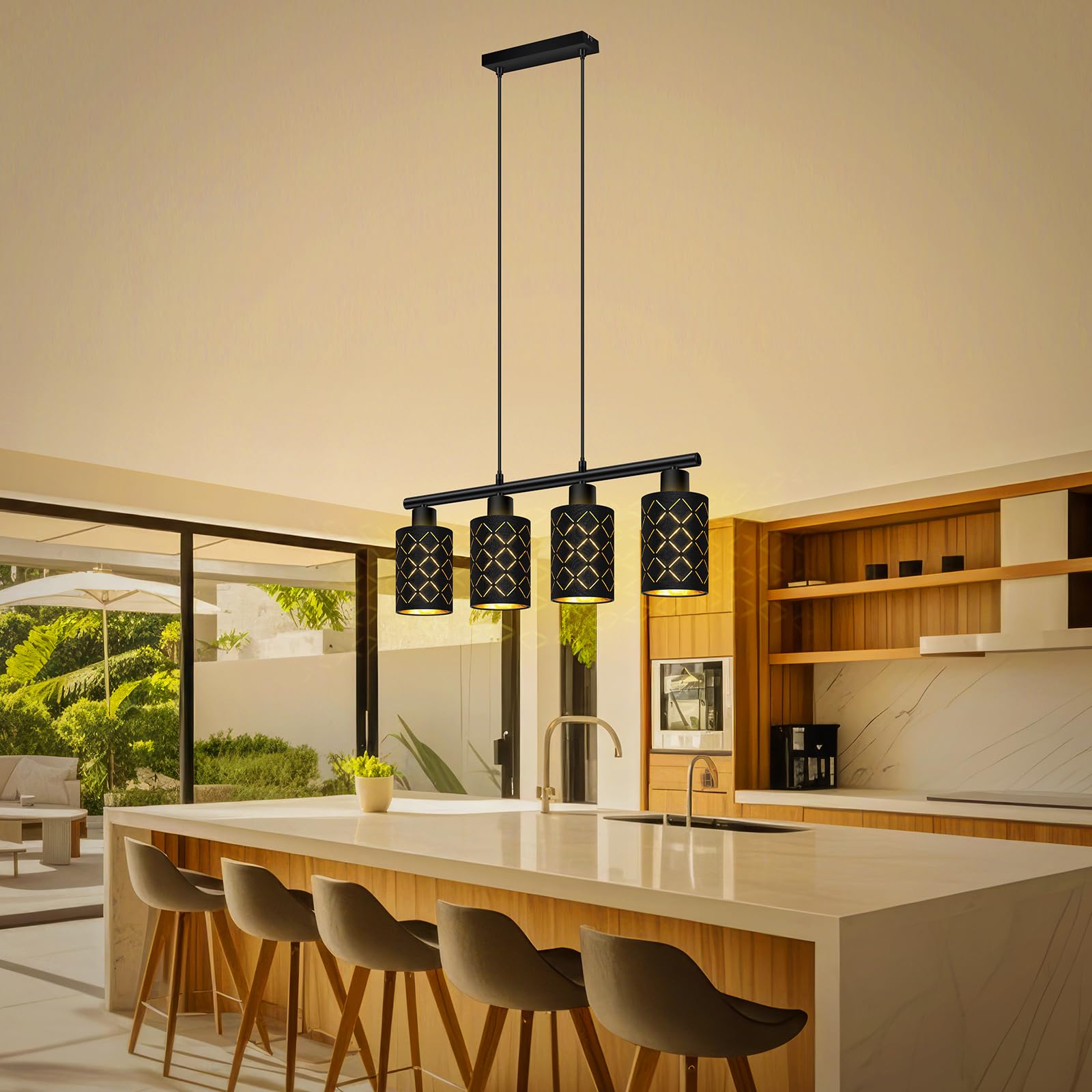 Pendelleuchte Esstisch 4 Flammig Schwarz, Hängelampe Esszimmer Höhenverstellbar, Vintage Esszimmerlampe E27 mit Laser-Cut Stoffschirmen, Modern Industrie Esstisch Hängeleuchte für Küche Wohnzimmer Bar