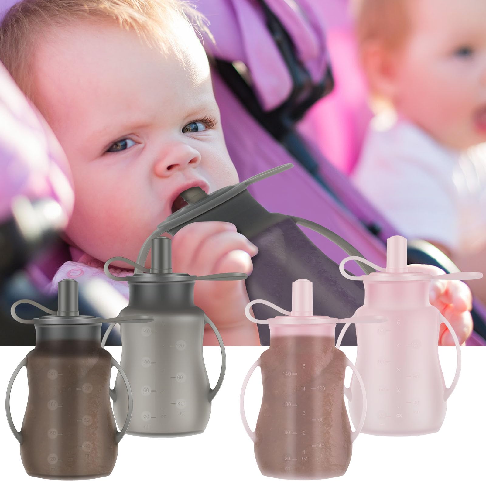 4pcs Baby Feeding Pouches Silicone Baby Food Pouches Portable Baby Food Storage Reusable Pouches for Toddlers Refillable Kids Squeezable Pouch Washable for Make Homemade Organic Food(Grey+Pink)