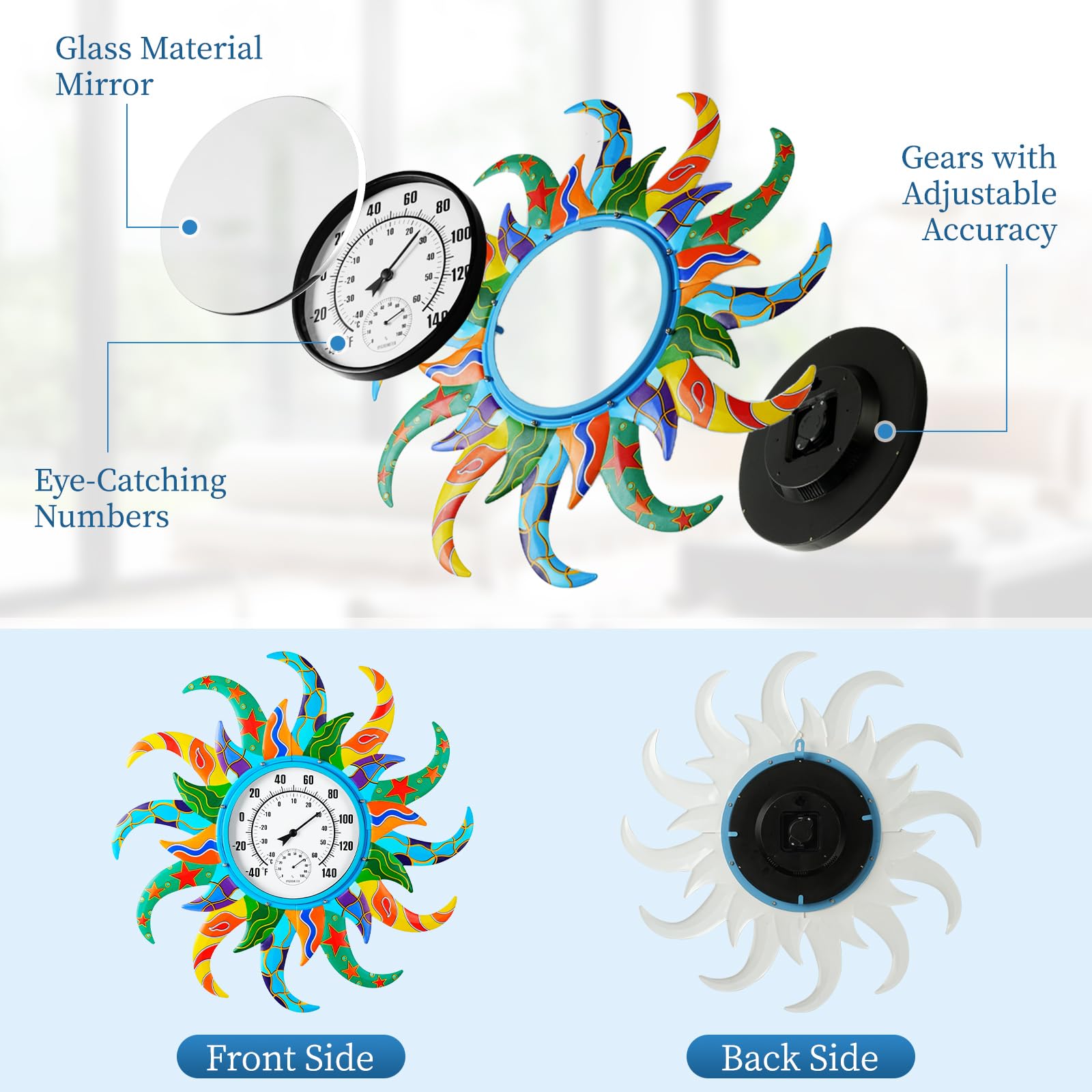 Sun, termometro e igrometro per interni ed esterni, 63 cm, termometro da parete per esterni, senza batteria, termometro decorativo da esterno facile da leggere per patio, giardino, ufficio, soggiorno