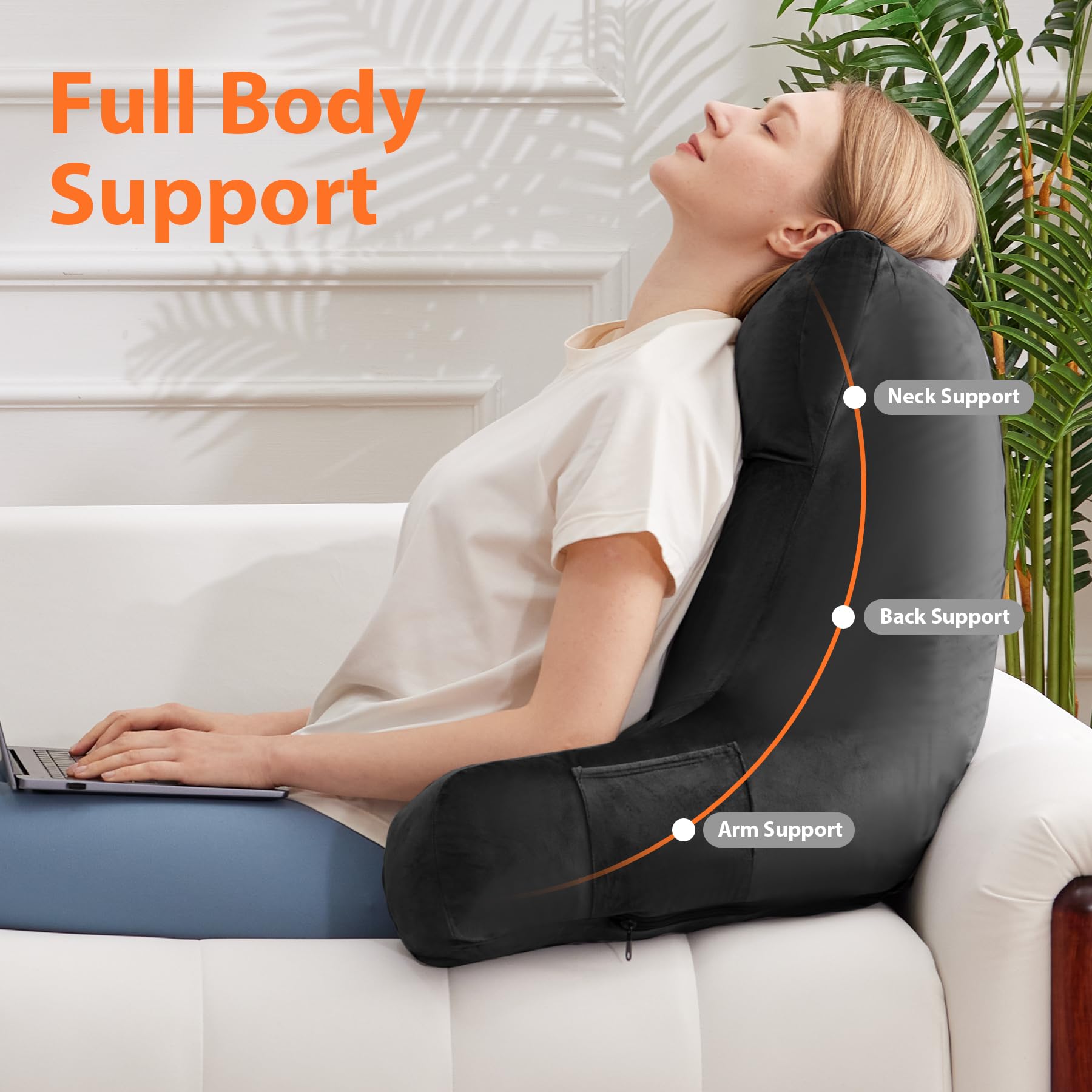 IPYNBAP Cuscino da lettura con braccioli, per adulti, per stare a letto e sedersi, in memory foam, con tasche e fodera rimovibile lavabile, per rilassarsi, guardare la TV, leggere (61 cm, nero)