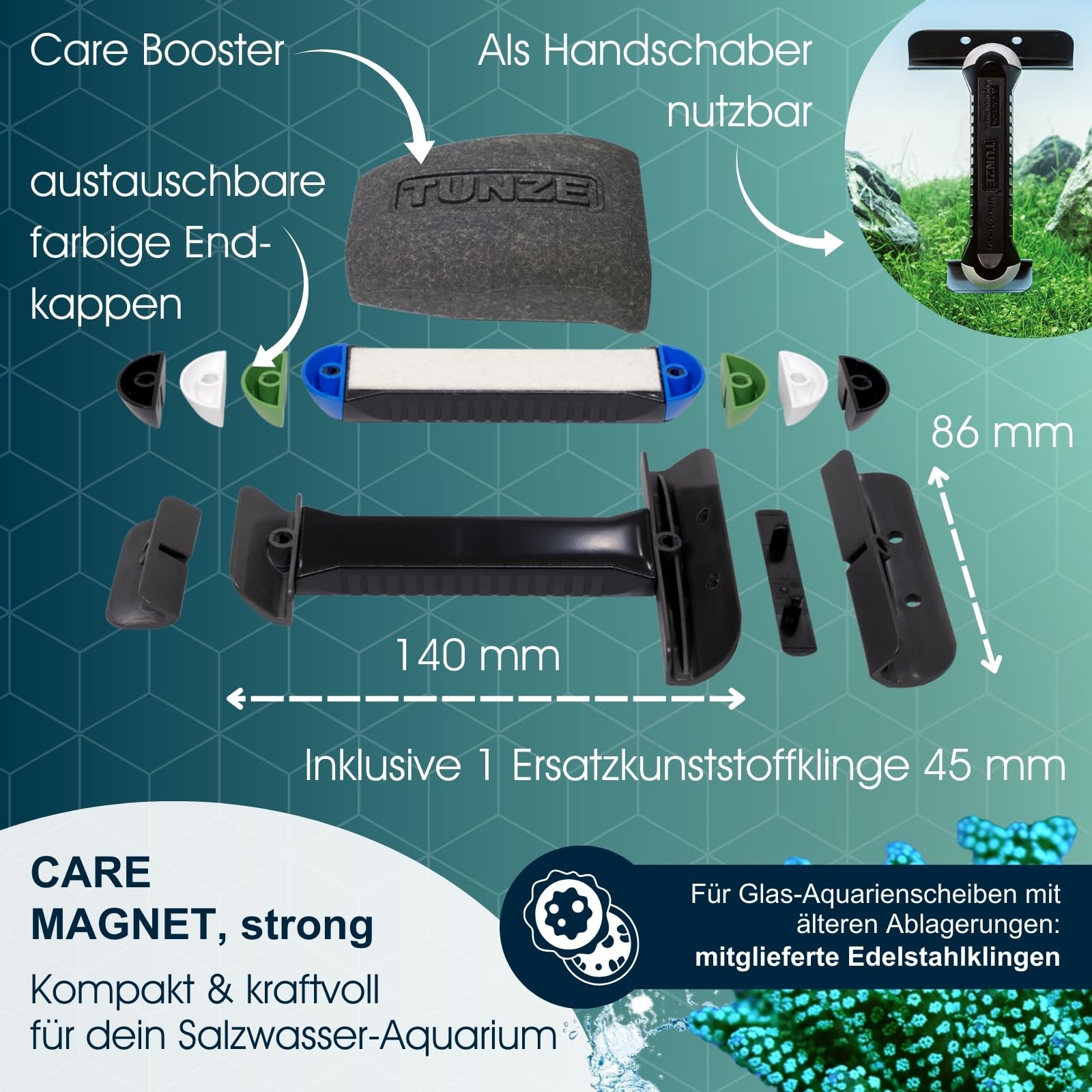 Tunze Care Magnet Strong I Aquarienreiniger für 15-20 mm Glasstärke I schlanker Scheibenreiniger mit abgerundeter Edelstahlklinge I Algenmagnet ohne Kratzgefahr I Aquariumglas-Reiniger