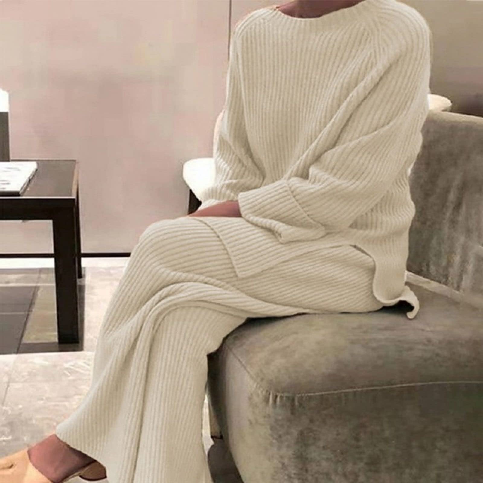 SKYROPNG Suéter De Punto Traje De Dos Piezas - Lady Wide Leg Pantalones Y Sudaderas Con Capucha Conjuntos De Tejido De Invierno Mujer Color Sólido Casual Trajes De 2 Piezas Para Jerseys De Punto Conjunt
