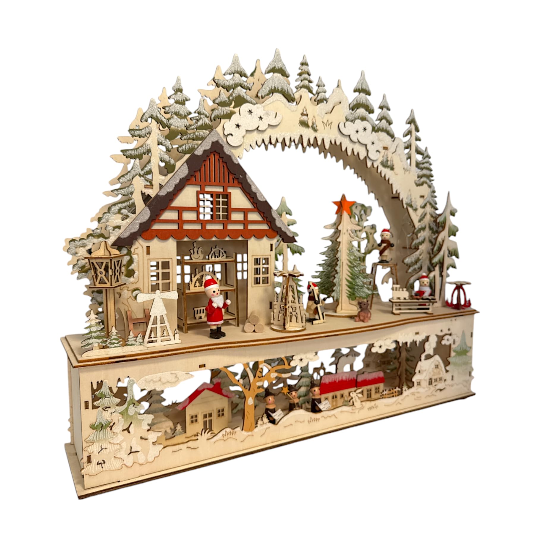 Wichtelstube-Kollektion XL LED Schwibbogen Wichtelwerkstatt Lichterbogen Weihnachten Echtholz beidseitig bemalt Schwippbogen mit Podest