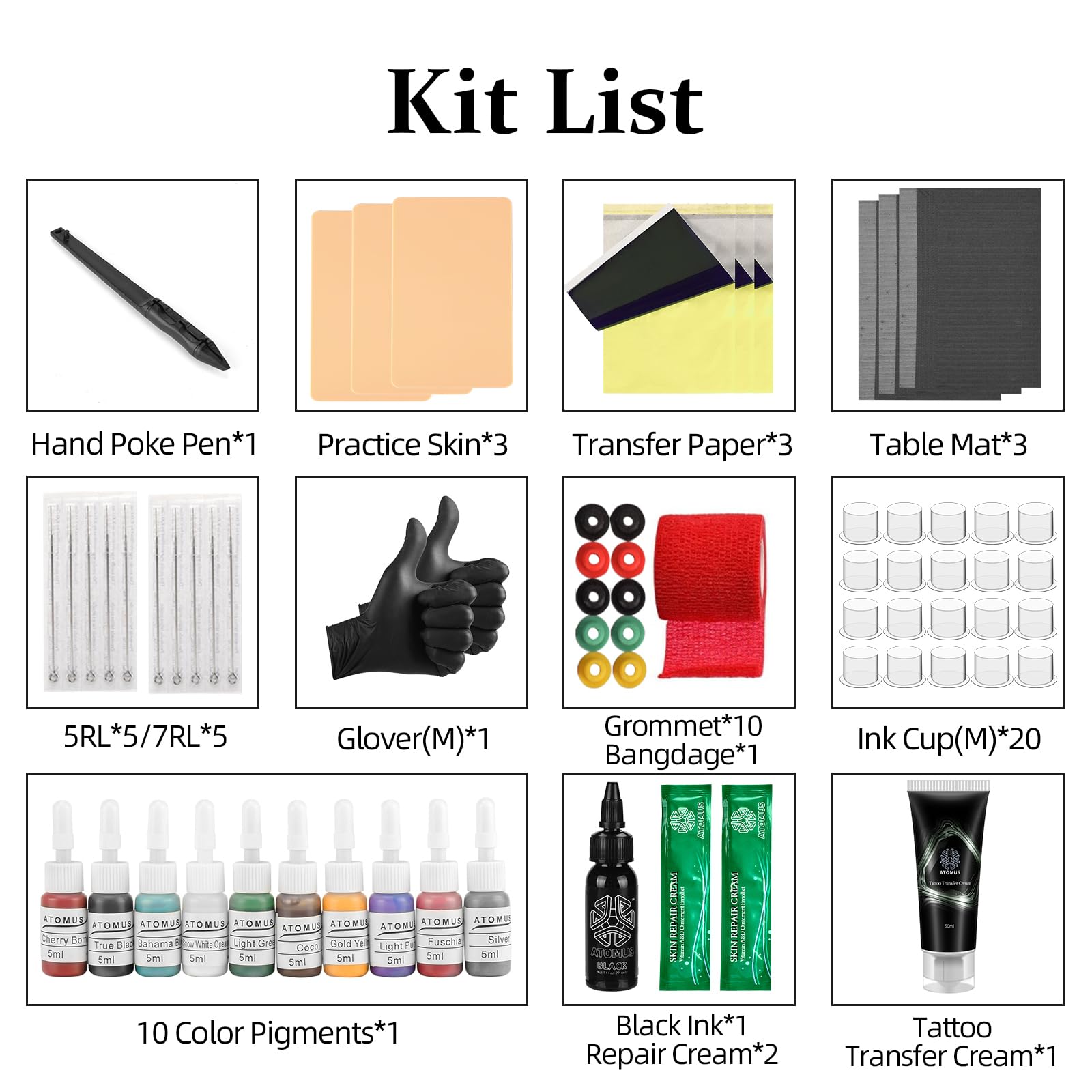 ATOMUS Kit de bolígrafo manual de tatuaje con tintas de tatuaje, agujas, piel de práctica, vasos de tinta y papeles de transferencia (KIT 2)