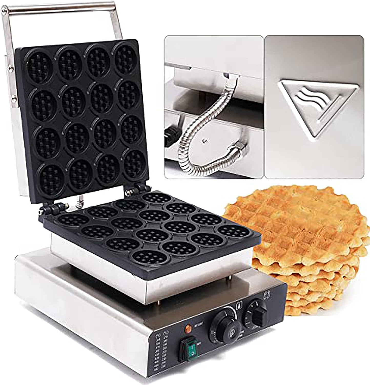 Commercial Waffle Maker, 16 Grids Nonstick Mini Round Baker Making Machine, Stainless Steel Waffle Maker Iron Machine With Temperature and Time Control for Home Commercial Use