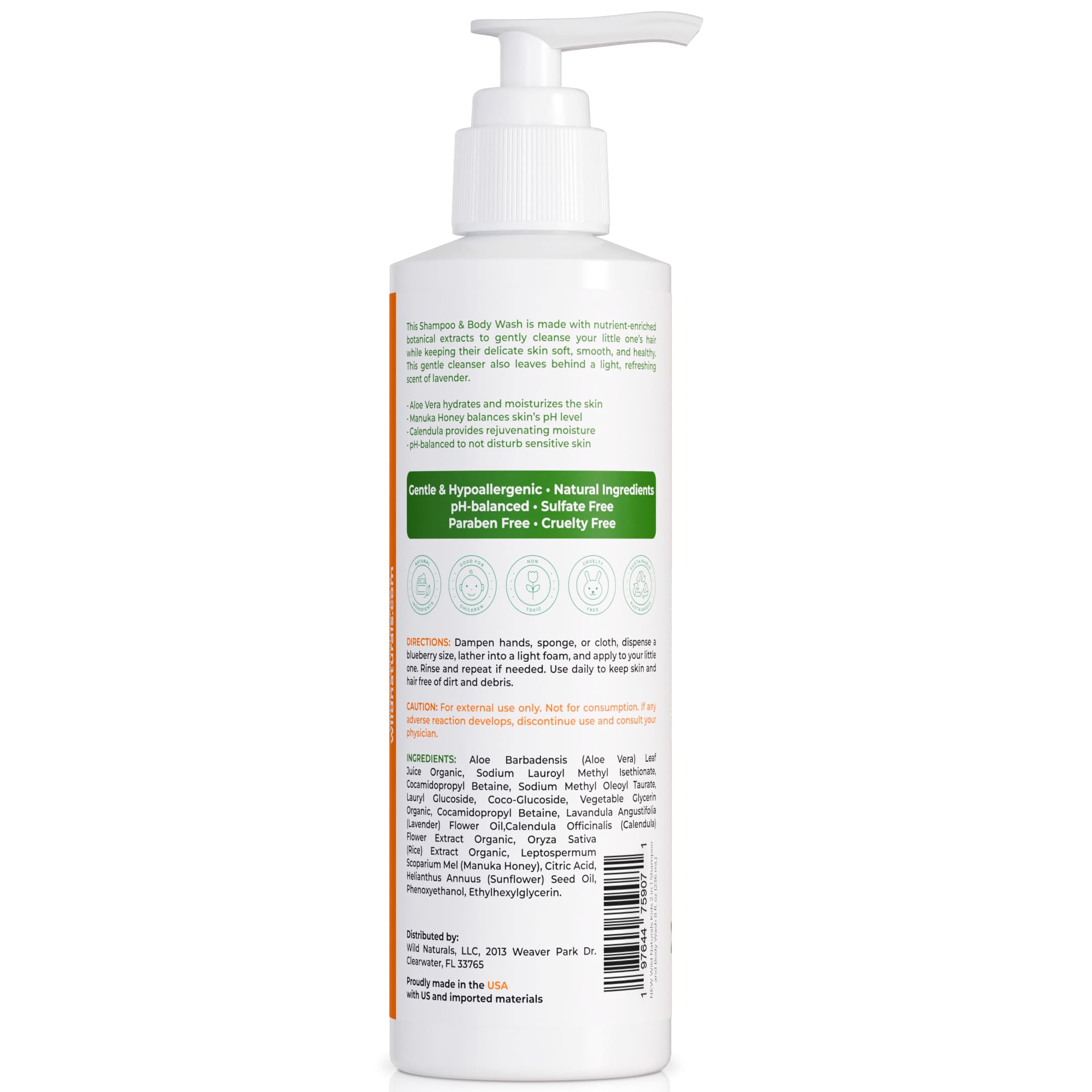 Wild Naturals Champú y gel de ducha para bebés con eccema, gel de ducha suave para niños con aloe, caléndula y miel de manuka, fórmula natural, hipoalergénico, sin irritación, para seco y
