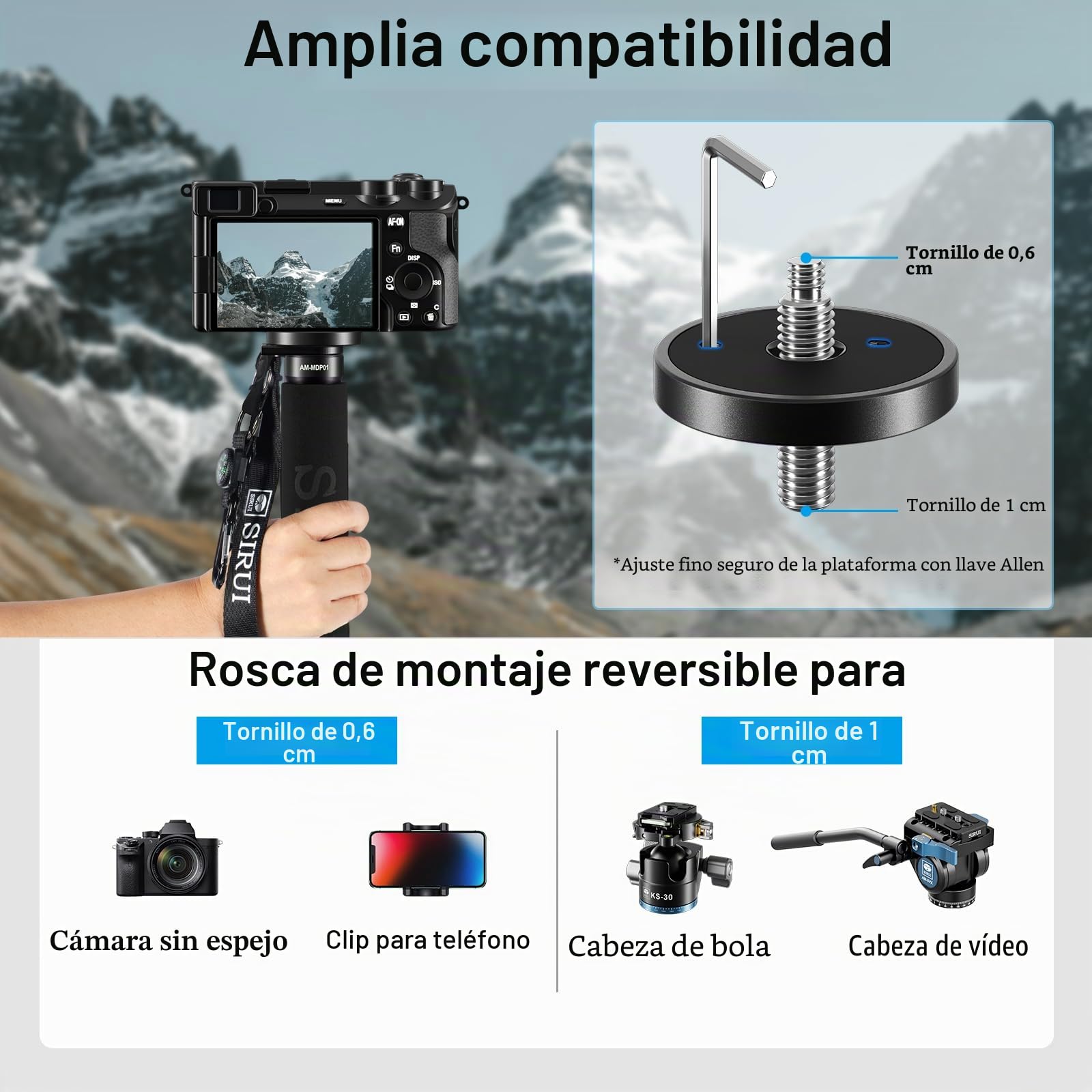 SIRUI Monopié de Fibra de Carbono para Cámaras, 65" Compacto Ligero Monopié de Viaje, 5 Secciones, Soporte para Teléfono Incluido, Carga hasta 22lbs/10kg, AM-MDP01