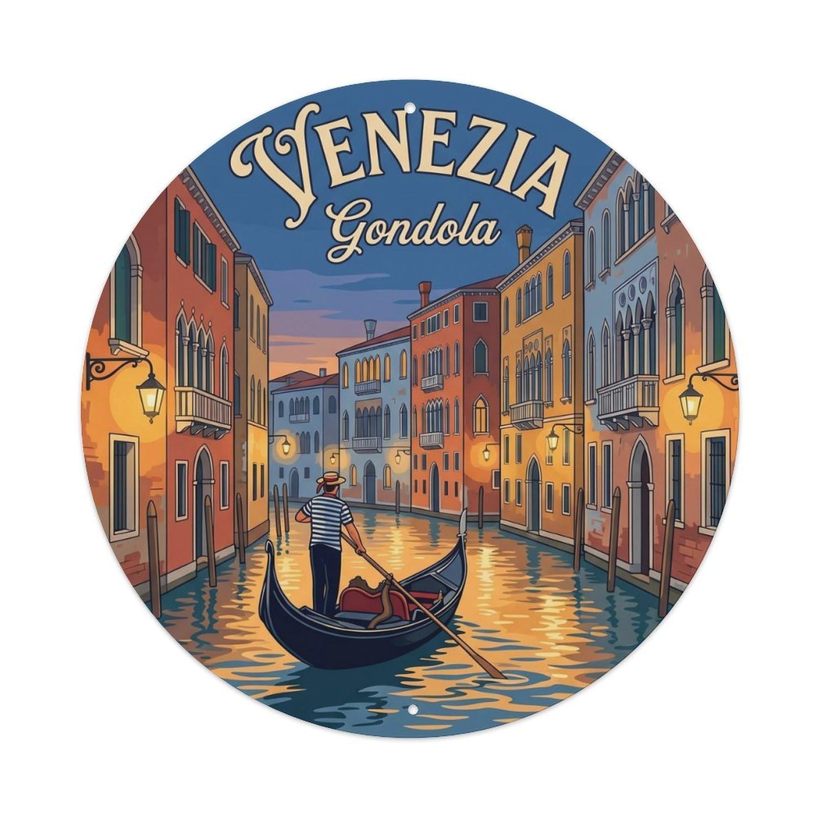Vintage Travel Venice Gondola Romantic Metal Tin Sign Plaque Wall Decor for Cafe, Club, Garden Round Metal Poster 8x8Inch