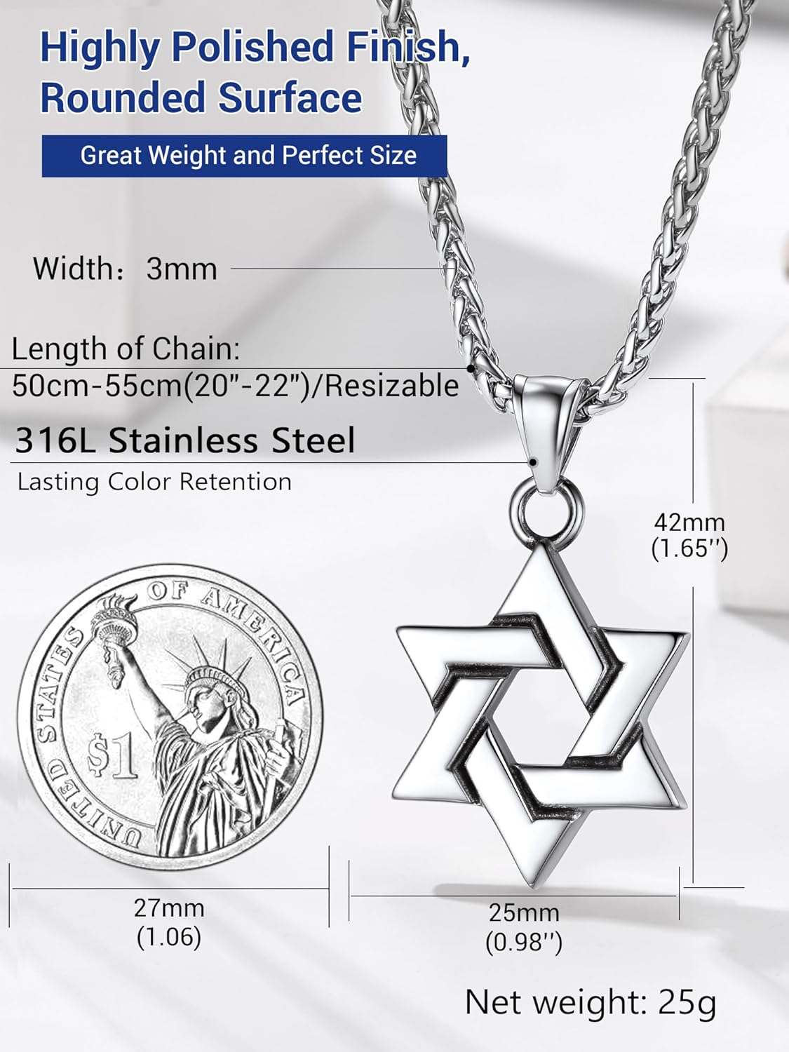 PROSTEEL Jewish Magen Star Of David Necklace For Women Men, Stainless Steel/925 Sterling Silver Hexagon Pendant Necklace, Adjustable, Come with Box - Image 4
