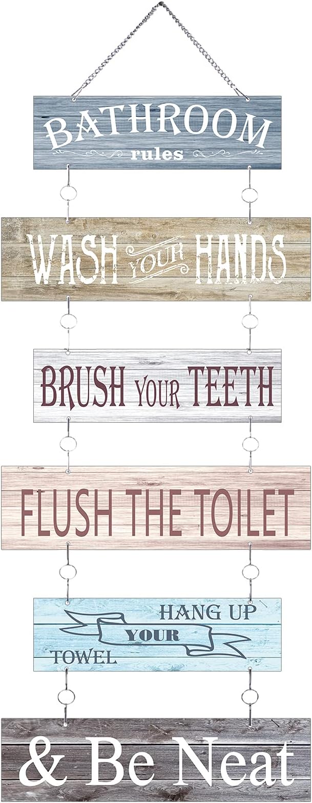 Bathroom Rules Signs Bathroom Wall Decor 6 Pcs Wooden Wall Decor 24 x 11 Inches Toilet Hanging Decoration Farmhouse Toilet Signs(Colorful)