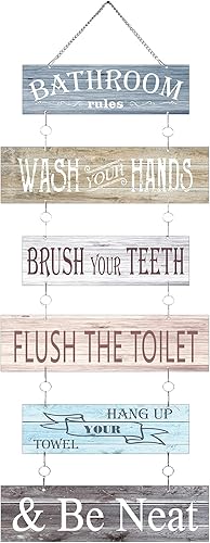 Letreros de reglas de baño, decoración de pared de baño, 6 piezas de decoración de pared de madera de 24 x 11 pulgadas, decoración colgante de