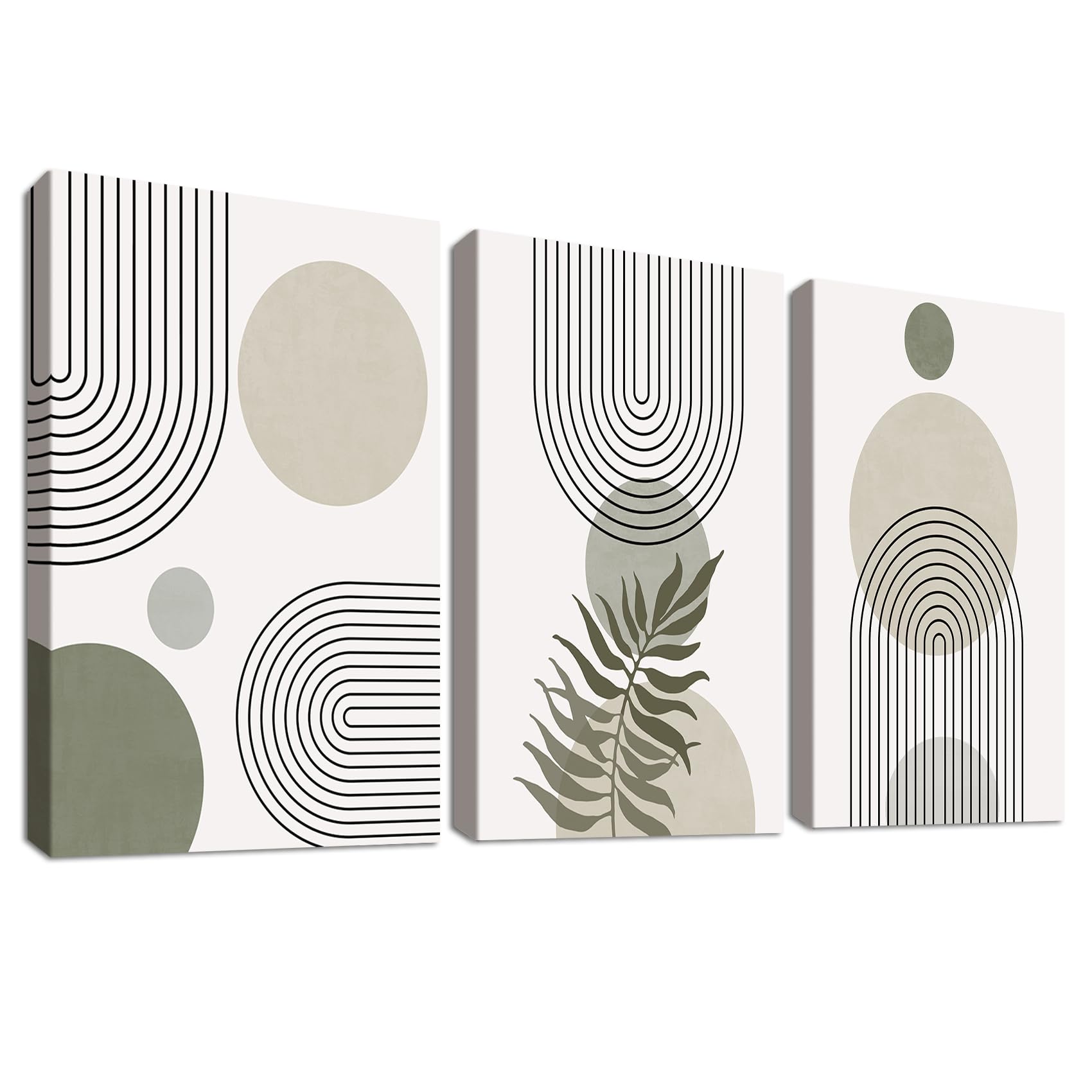 3 Pcs Boho Abstracto Verde Salvia Marco de madera Cuadro Moderno Línea Geométrica Beige Verde Lienzo Decorativos Pintura Imagen Cuadros Decoracion Salon Dormitorios Baño Pasillo 30cmx40cmx3