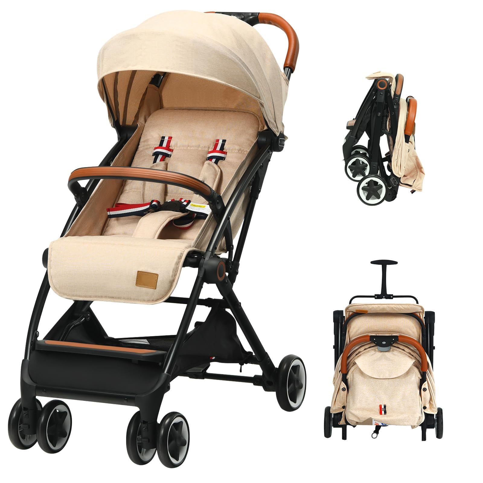 LIFEZEAL Passeggino Ultraleggero per Bambini 0-36 Mesi, Passeggino Compatto a Ombrello, per Viaggio, Aereo, Pieghevole, Regolabile, con Cintura di Sicurezza, Ruote, Freno, Parasole, Cesto, Beige