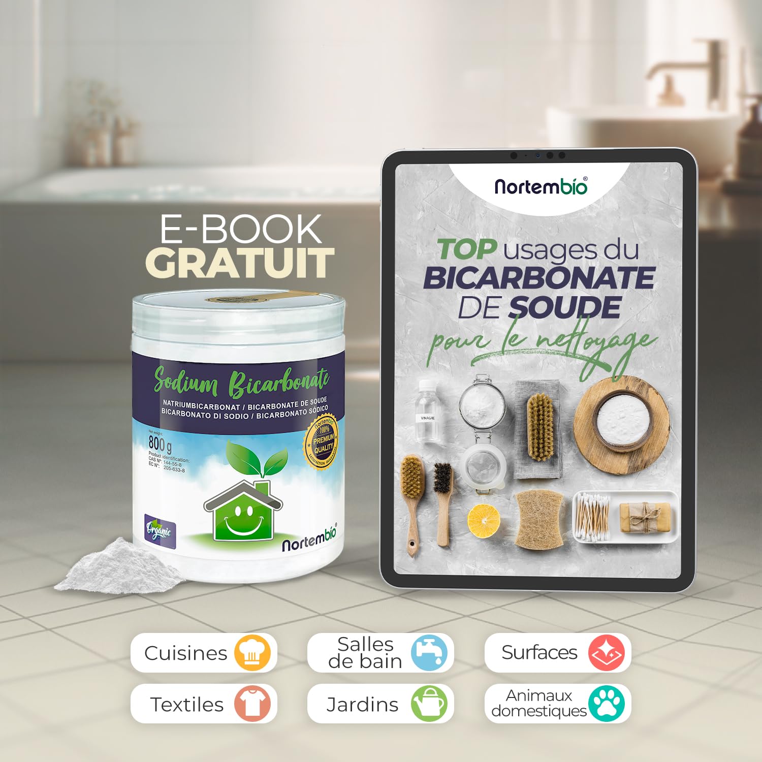 Nortembio Bicarbonate de Soude 4 x 6 Kg 100% Naturel pour Nettoyage Multi-usage. Sans Aluminium. Élimine Odeurs et Saleté. Cuisine, Salle de Bain, Textiles. E-Book Inclus