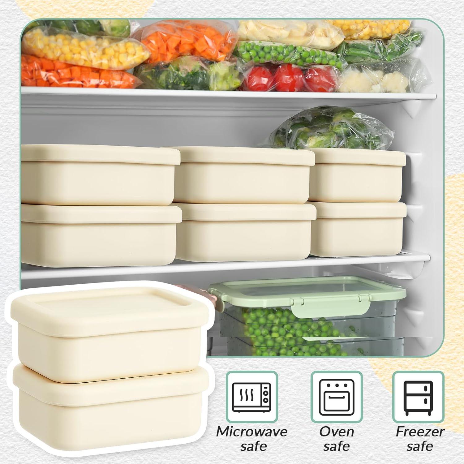 Teenyyou 6 Packs 1 Cup Silicone Soup Freezer Molds with Lid Silicone Soup Freezer Trays Rectangle Reusable Food Preserving Tray Freezing Sauces Stews(Beige)