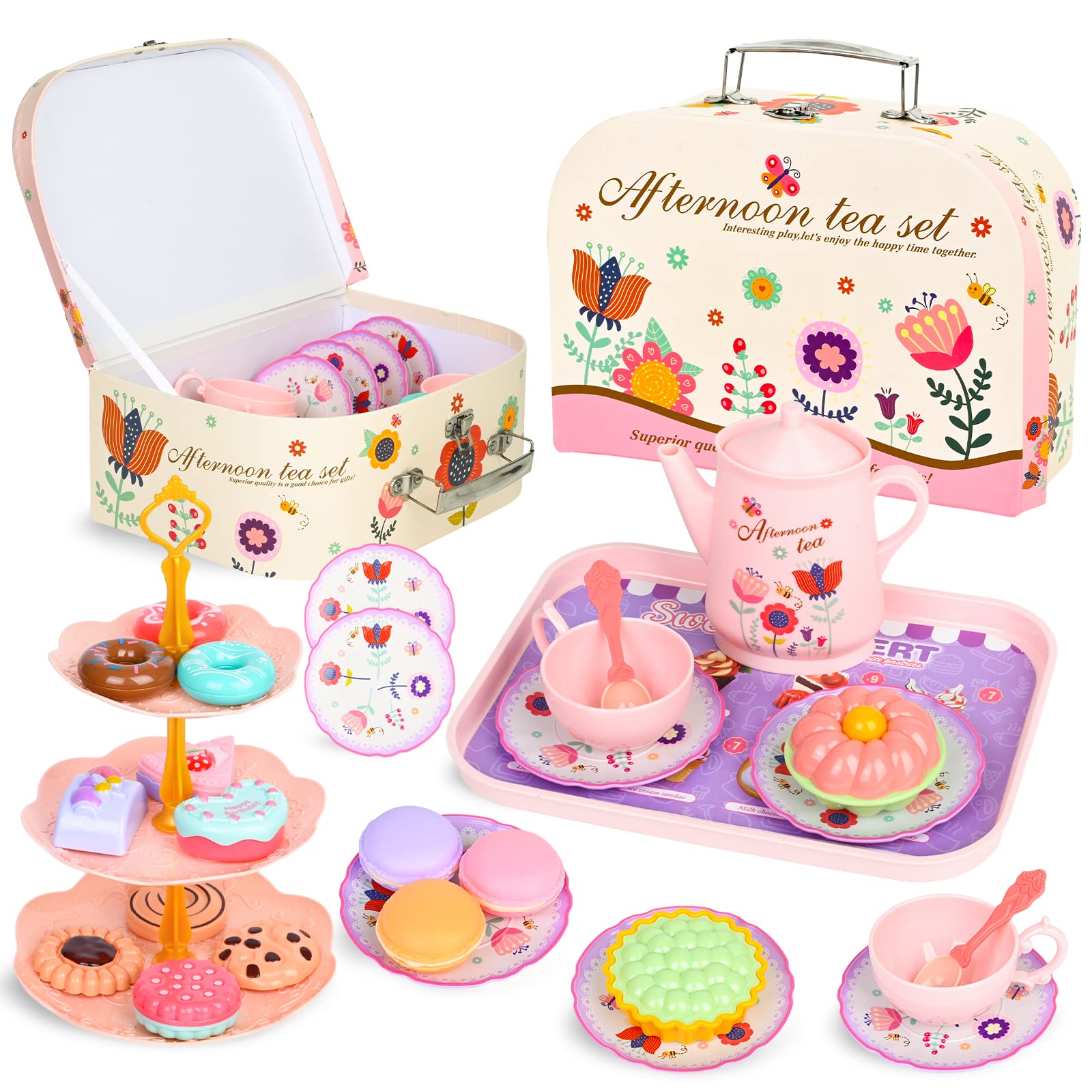 42PCS Tea Party Set for Little Girls, Princess Tea Time Kitchen Pretend Toy with Tin Tea Set, Desserts & Carrying Case, Flower Design Kid Party Set Birthday Gift for Age 3 4 5 6 Year Old