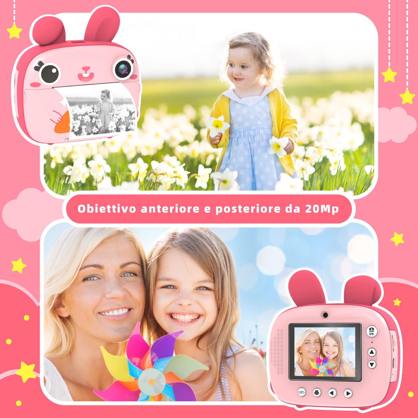 CAMCLID Macchina Fotografica Bambini Istantanea, 20MP/1080P HD Fotocamera Bambini con Carta da Stampa e 32G Scheda, Fotocamera Digitale Stampa Istantanea, Regalo per Bambini dai 3-12 Anni (Pink)