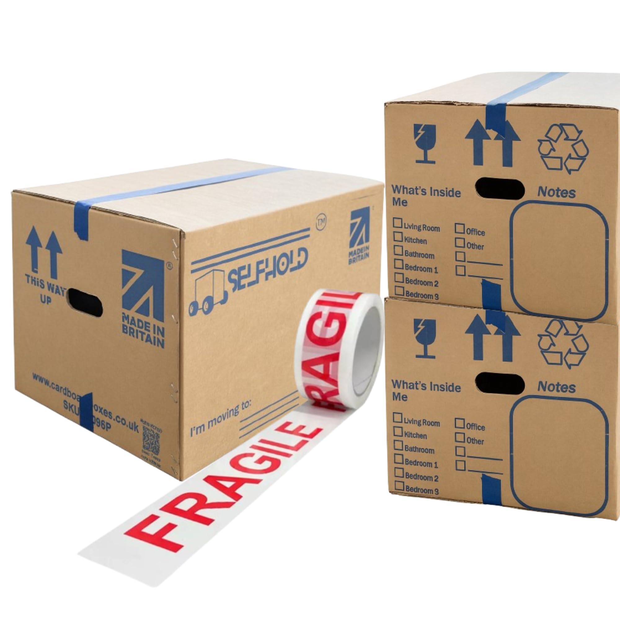 10 Double Wall Cardboard Packing Removal Moving House Boxes Large 58cm x 42cm x 35cm (23" x 17" x 14") with Printed Room Checklist, Carry Handles and 66 Metres Fragile Tape | Made in Britain