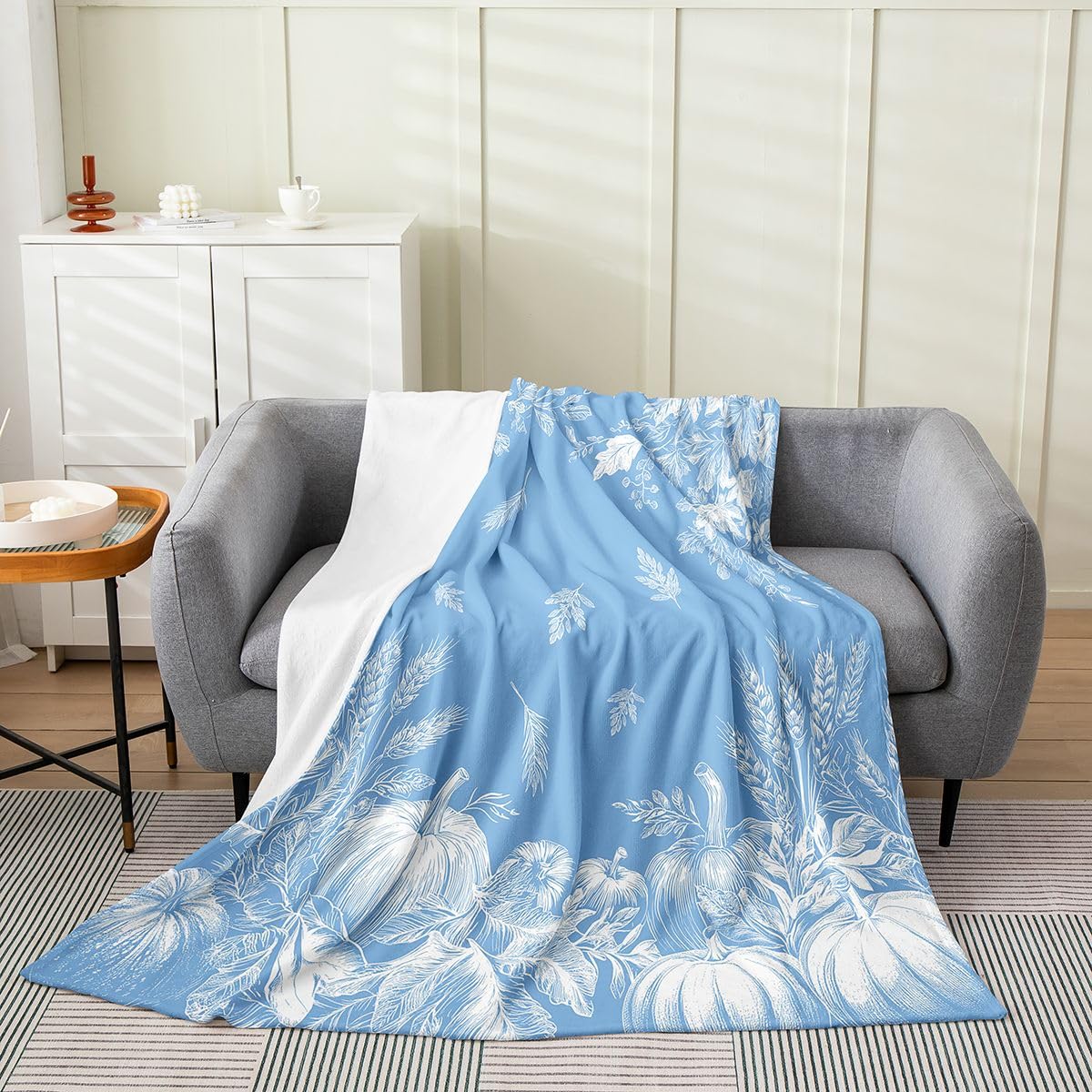 jejeloiu Fall Pumpkin Flannel Fleece Throw Blanket Rustic Throw 50"x60" Farmhouse Autumn Maple Leaves Fleece Throw Blanket Vintage Country for Bed Couch Chair Living Room Blue Bedroom Decor