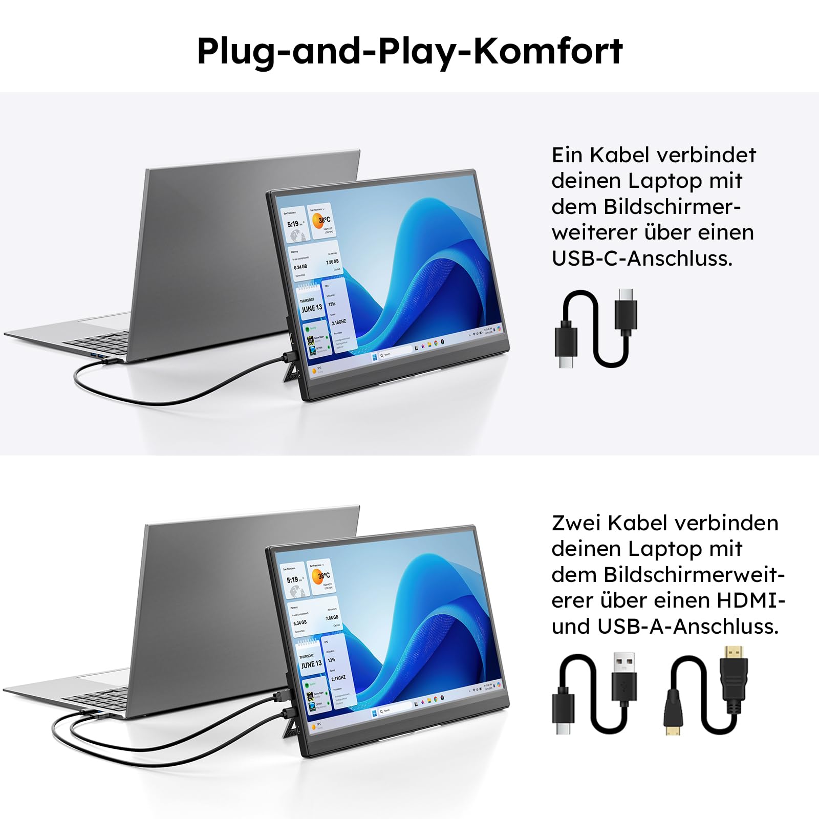 Przenośny monitor 15,6" ze stojakiem, FHD 1080p przenośny monitor do laptopa | Ultra-cienki monitor IPS z regulowaną podstawą i głośnikiem, USB-C i mini HDMI, do laptopa/komputera/Mac