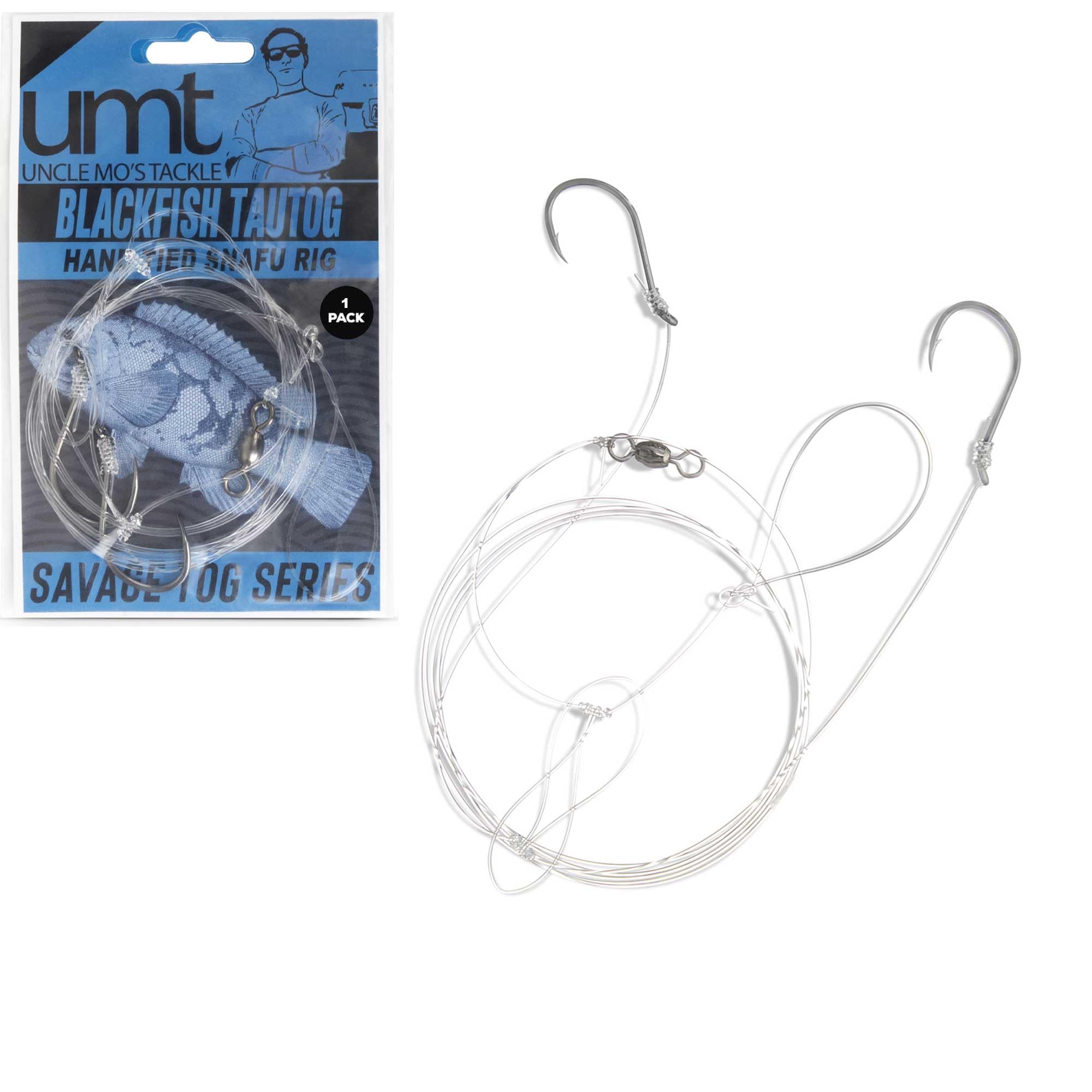 UMT Blackfish Snafu Rig 1, 5 &10 Pack Option -Size 3/0 BKK Octopus Hook - 60lb Heavy Duty Fluorocarbon, Dropper Loop - Hand Tied - Uncle Mo’s Saltwater Tackle Savage 17 Fathom Tautog Rig