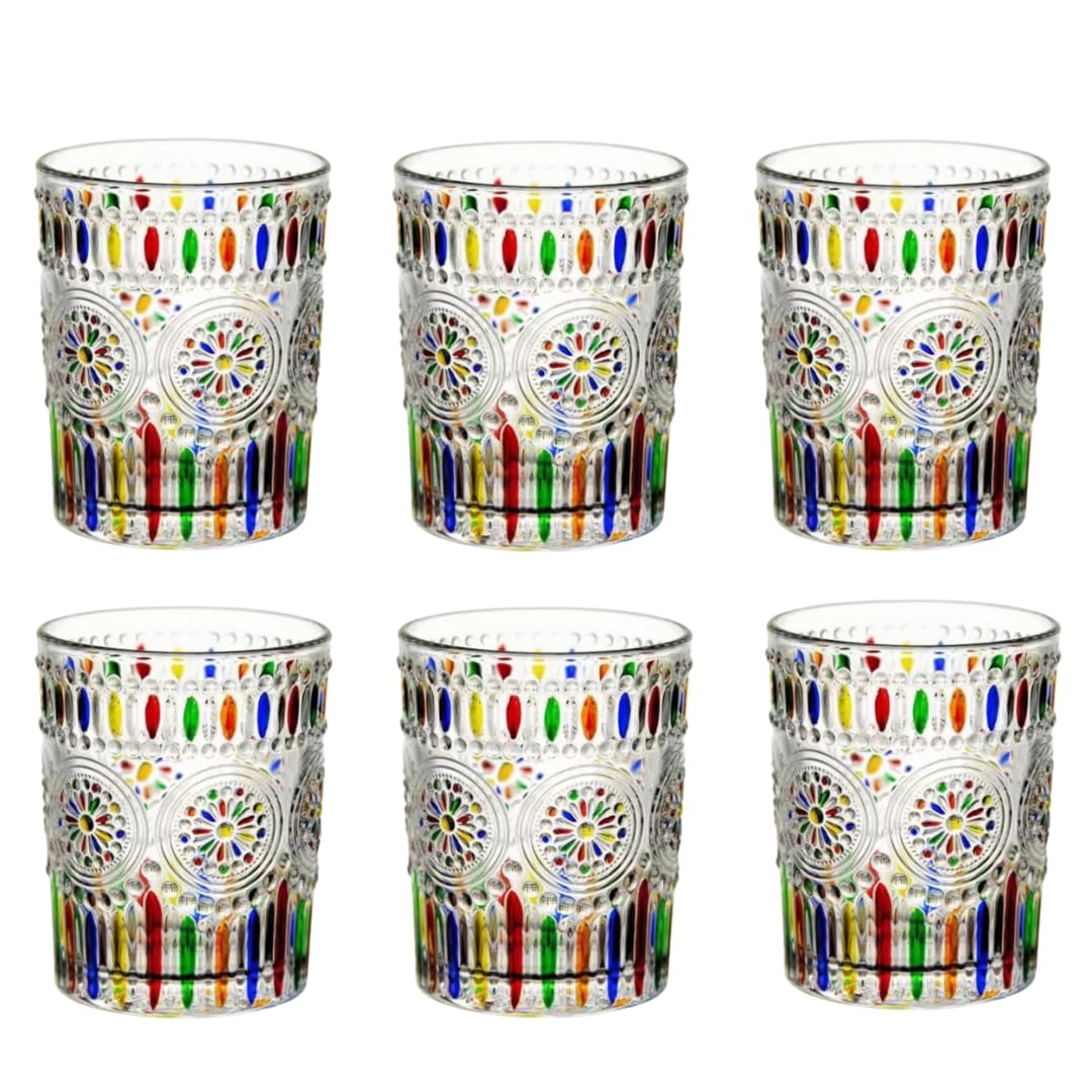 Hand Painted Stained Glass Window Whiskey Tumblers 8.45oz Set of 6 pieces, A wine glass with stripes and retro sun patterns, water glass,tea cup,juice cup,wine cup,beer glass