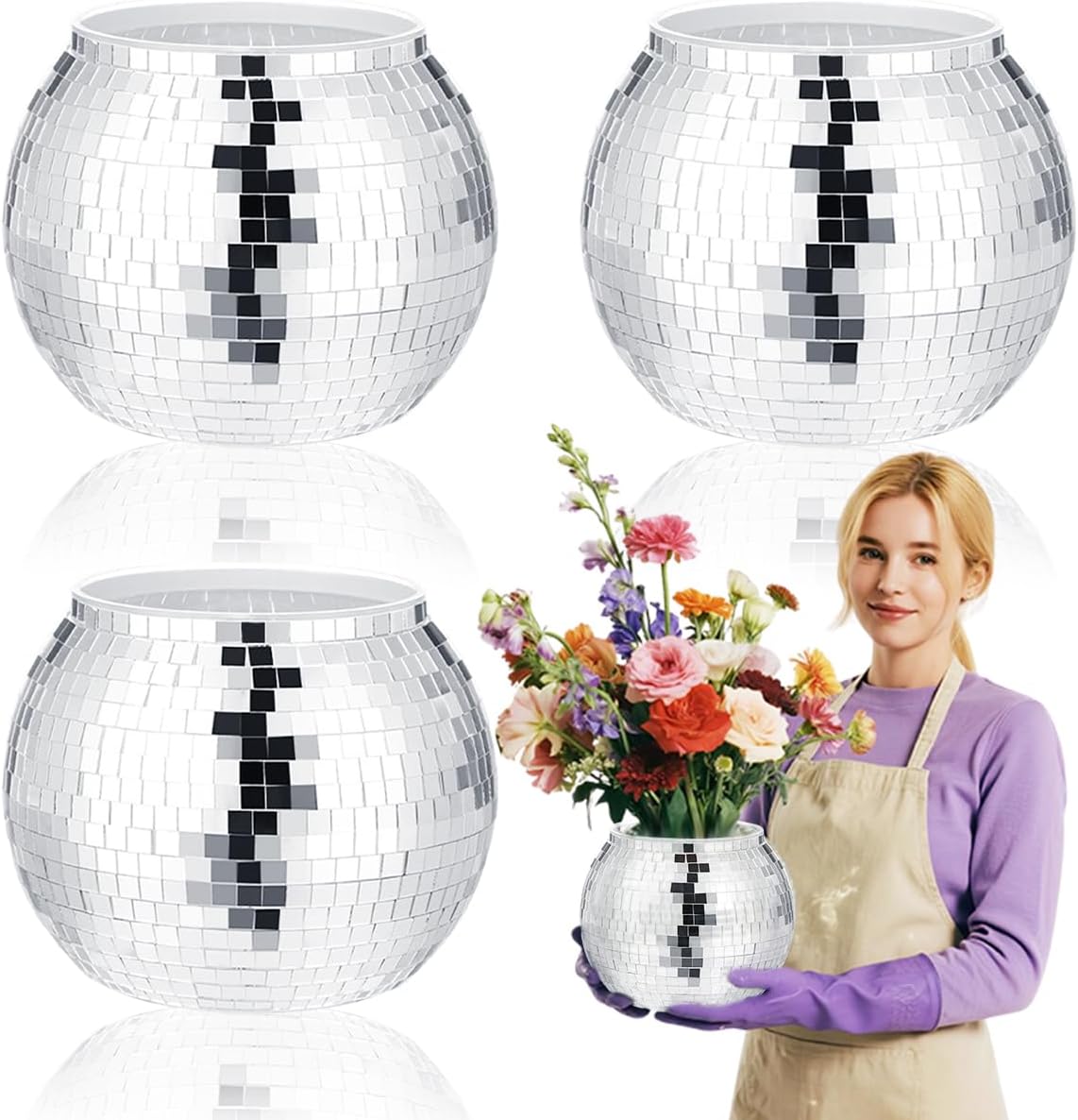 4 Pcs Disco Ball Vase,Plastic Disco Ball Centerpieces,7'' x 9'' Silver Disco Ball Planter Mirror Disco Ball Ice Bucket Disco Ball Decor Can Be Used for Wedding Centerpieces,Birthday,Office