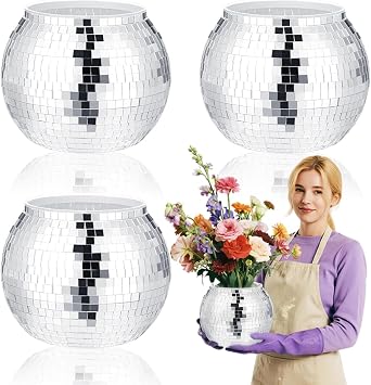 4 Pcs Disco Ball Vase,Plastic Disco Ball Centerpieces,7 x 9 Silver Disco Ball Planter Mirror Disco Ball Ice Bucket Disco Ball Decor Can Be Used for Wedding Centerpieces,Birthday,Office