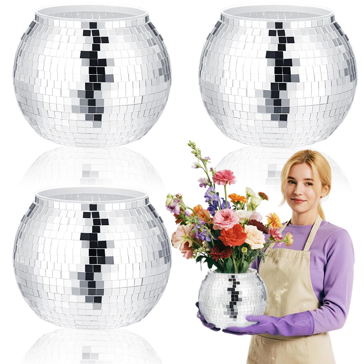 Vase boule disco argenté pour centre de table de mariage et anniversaire, lot de 4