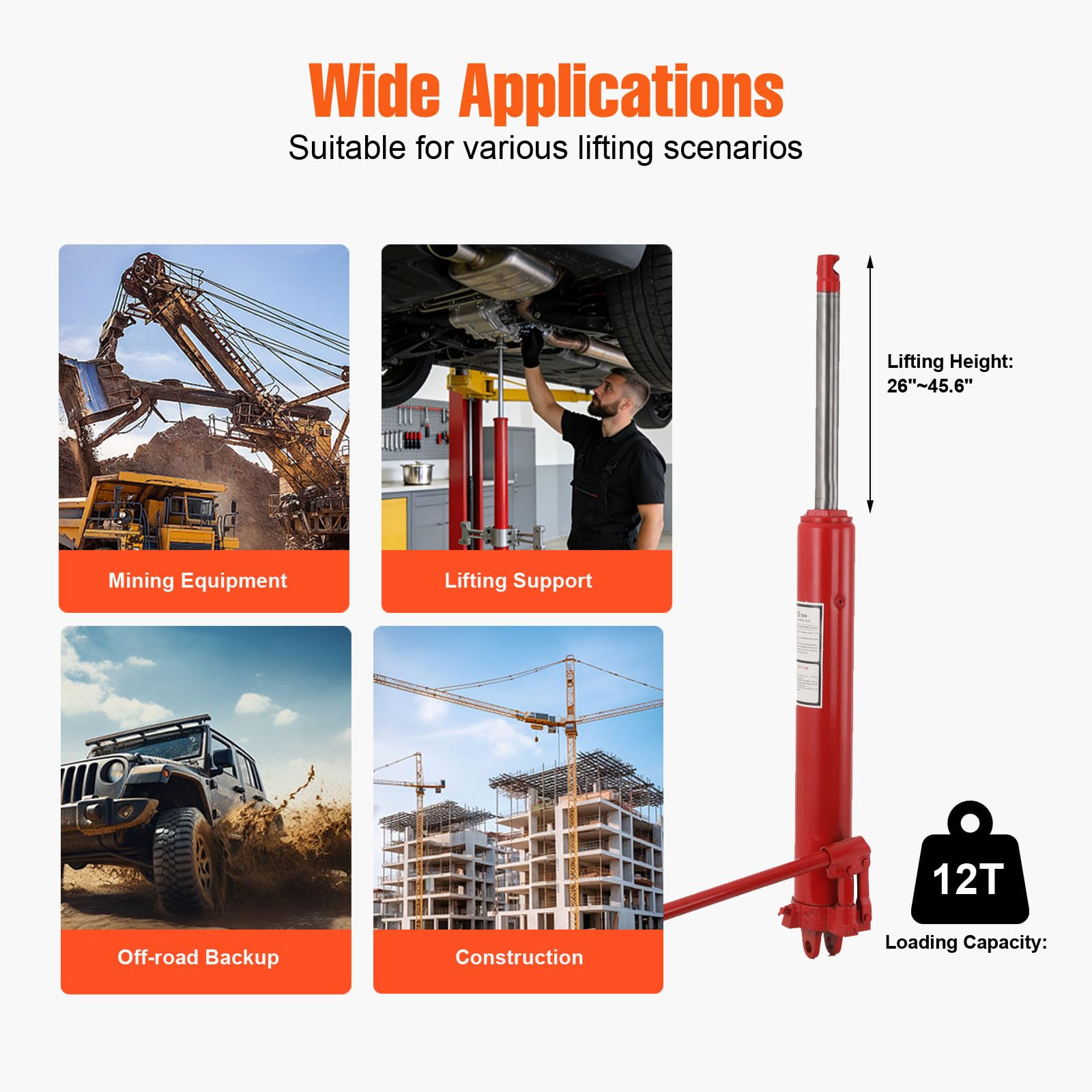 Cric Idraulico a Bottiglia Extra Lungo 12 T, Cric Idraulico a Ram Lungo Cilindro di Sollevamento Motore con Pompa a Pistone Singola e Base a Forcella, Altezza Regolabile da 660mm a 1160mm