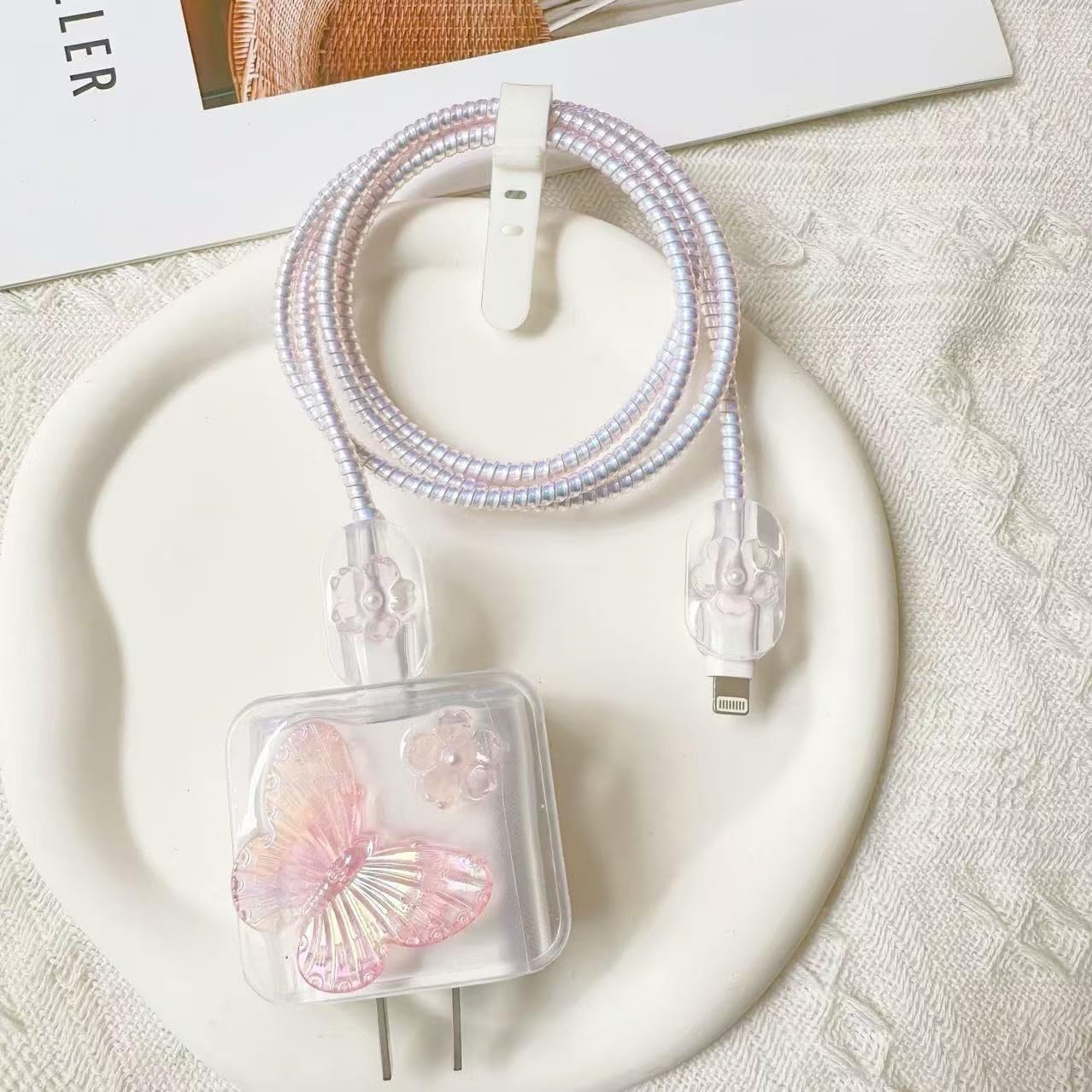 Protective Charger Case for iPhone 18W 20W iPhone 16 15 14 13 12 11 Pro Max Charging Cable Charger Protective Cover Data Cable Protective Sleeve-Flower Butterfly Multicolor