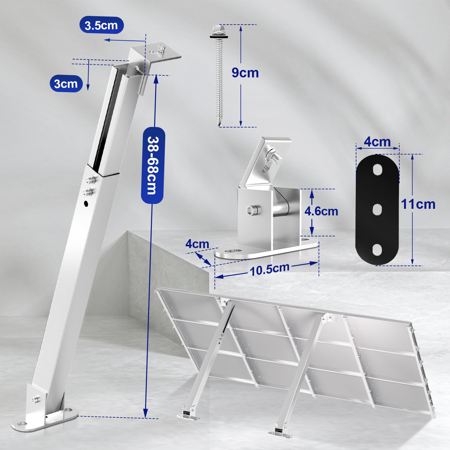 Balkonkraftwerk Solarmodul Halterung Verstellbar 0-60° | Länge 38-68 cm, Robust Wetterfest, Abgerundetes Fußdesign, Einfache Installation, für Balkon Flachdach, 2 Sets