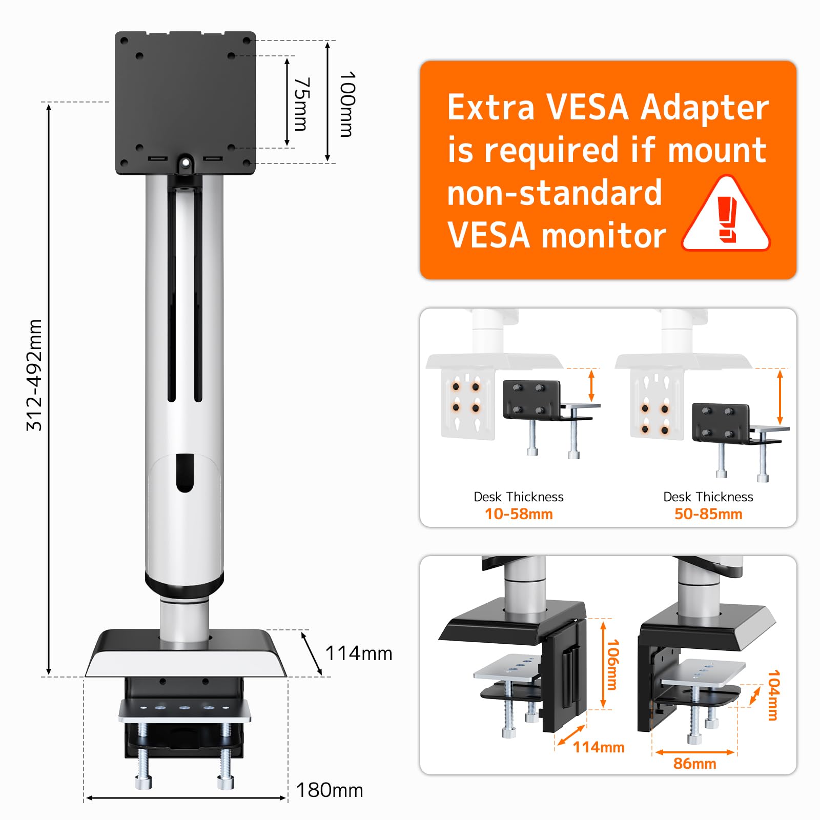 PUTORSEN Supporto per monitor da 17 – 49 pollici, supporto singolo per braccio per monitor può contenere 2 – 18 kg, regolazione dell'altezza senza sforzo con inclinazioni, girevole, girevole, VESA 75