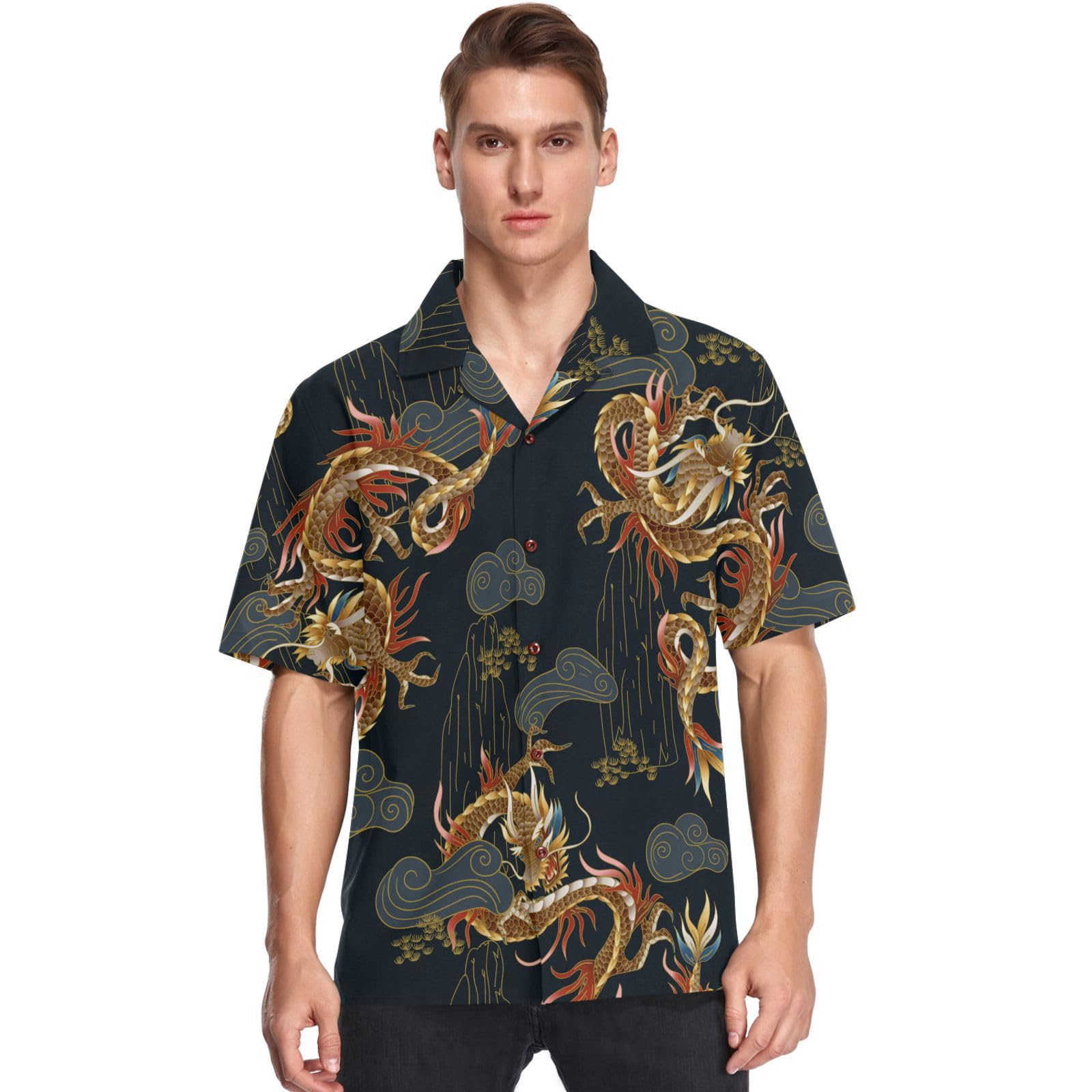 visesunnyChinese Traditional Dragon Hawaiian Shirt Casual Men Button Down Casual Shortsleeve Unisex Beach Aloha Shirts