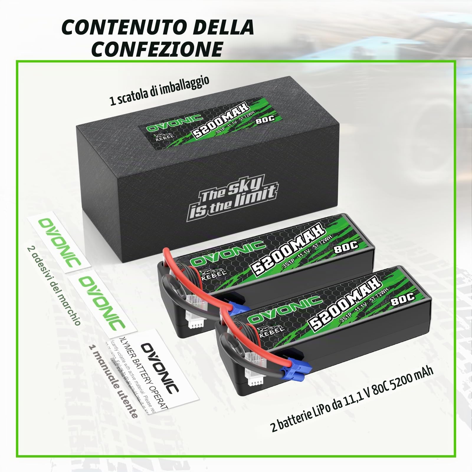 OVONIC Batteria Lipo RC, 80C, 5200 mAh, 11,1 V, con spina EC5, custodia rigida per RC Car Monster Truck RC Truggy Buggy RC Truck Hobby(2 pezzi)