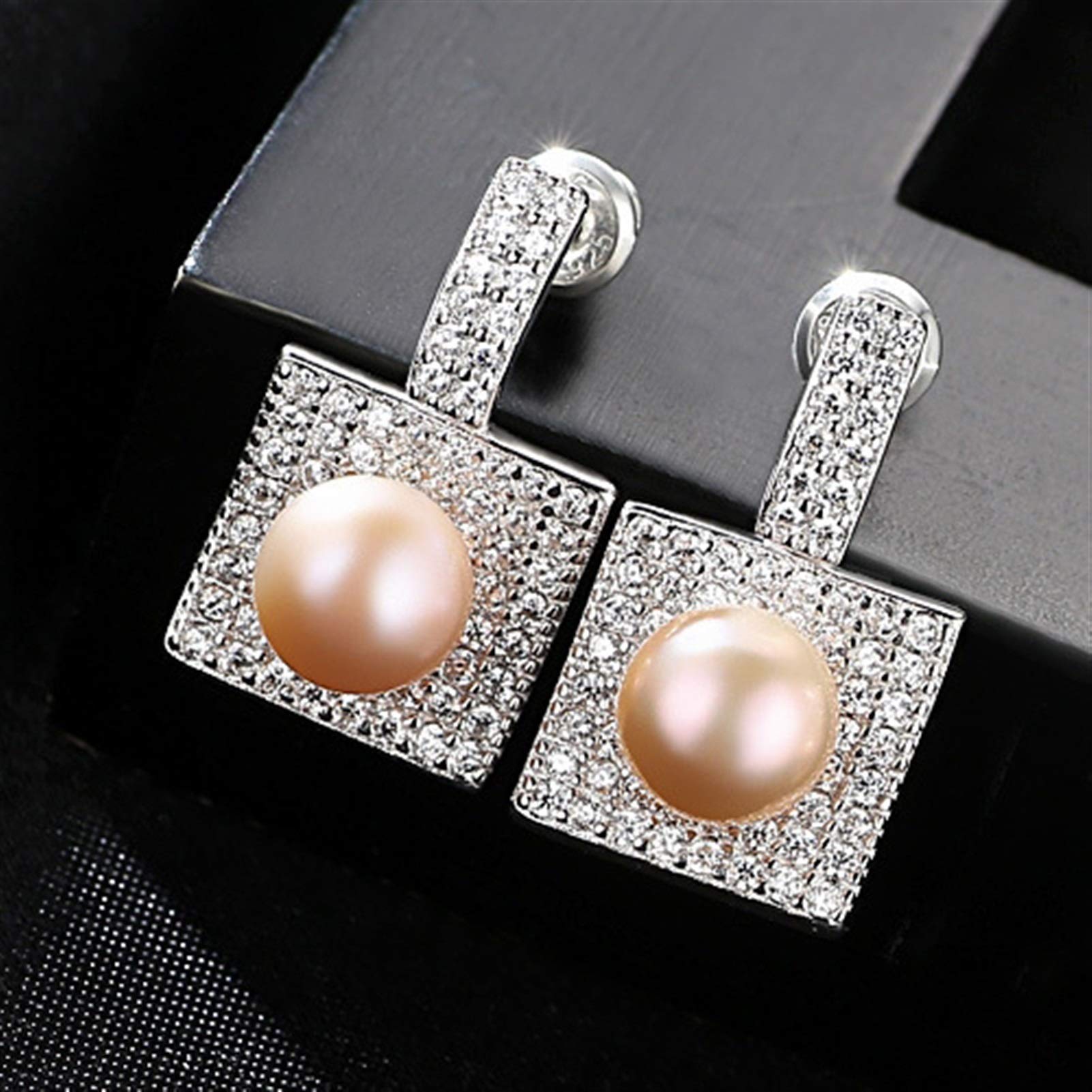 Orecchini Gioielli Orecchini quadrilateri con Perle Hao Shi intarsiate in Argento Sterling Vintage alla Moda (Rosa)