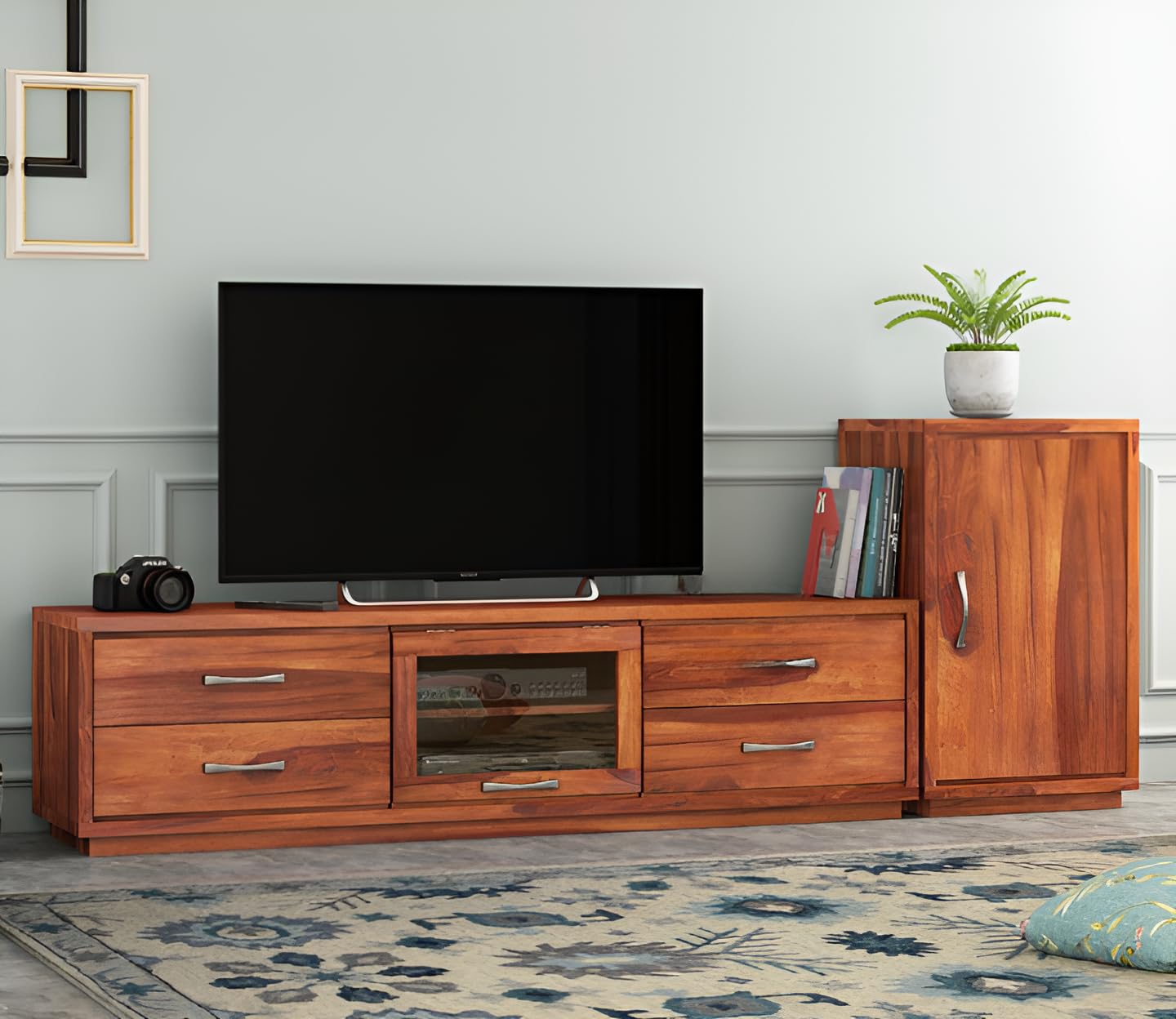 SANPNEET Solid Sheesham Wood Wooden Tv Unit for Hall & Bedroom|Tv Cabinet with 2 Door & 4 Drawers Storage Free Standing Media Console Movable(Honey Finish)-image-12