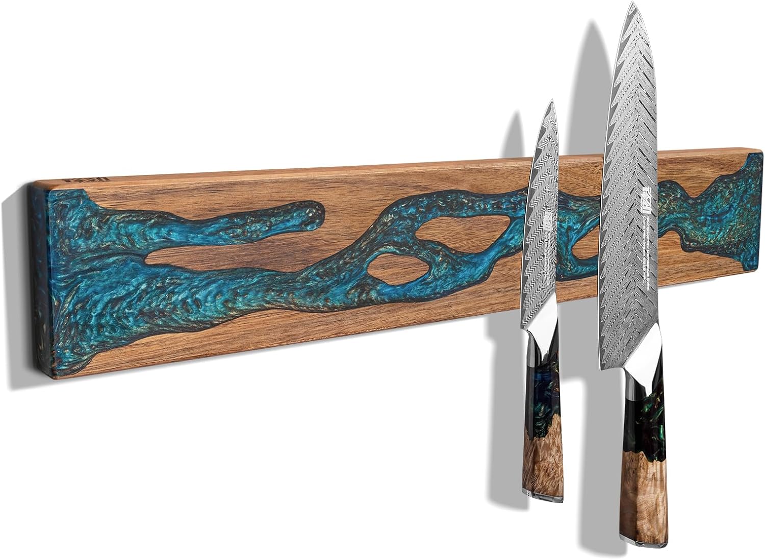 FINDKING Magnetic Knife Strip for Wall, Solid Acacia Wood with Mineral Blue Resin Inlay, Wall-Mounted Knife Holder with Strong Magnetic Hold, No-Drill Adhesive Mount (12 Inch)