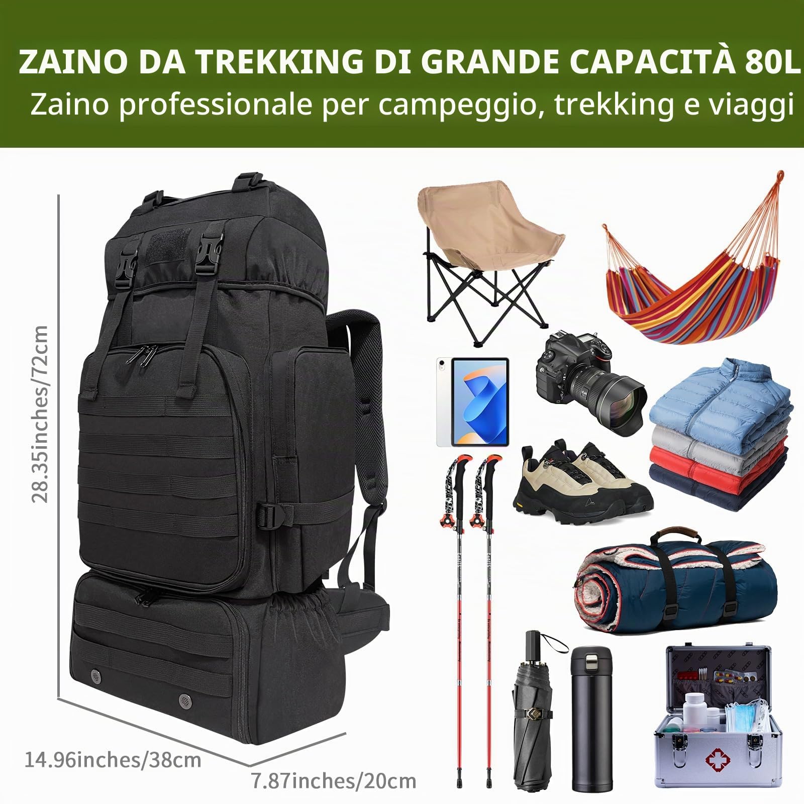 Zaino tattico militare Molle da 80 l, zaino da campeggio con scomparto per scarpe, zaino leggero da uomo, zaino da viaggio, zaino di sopravvivenza borsa