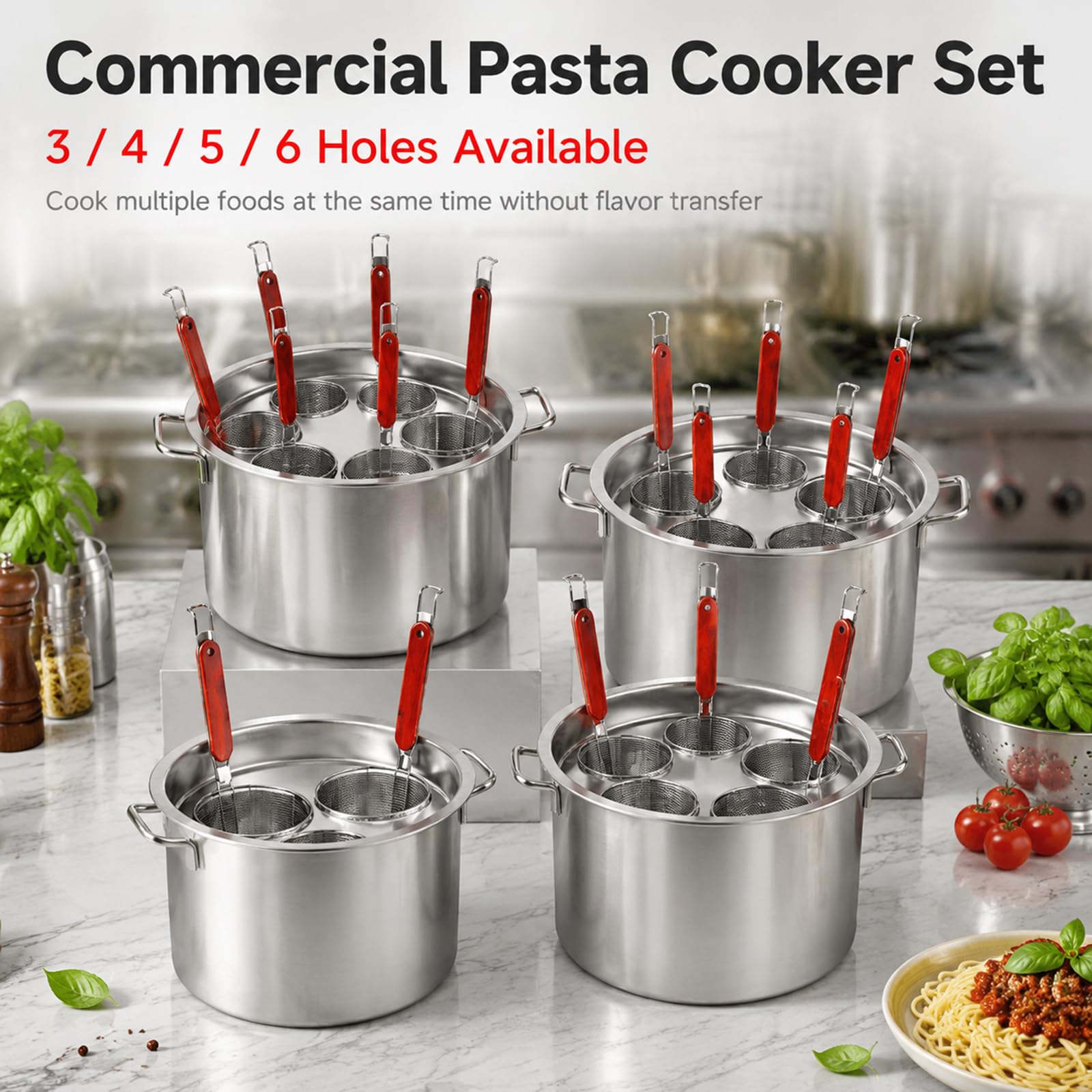 RSBFER Ensemble de casseroles en Acier Inoxydable pour la Cuisson des pâtes – Marmite avec paniers passoires Amovibles et séparateur pour Restaurants, Food Trucks et Cuisines domestiques,3 Hole