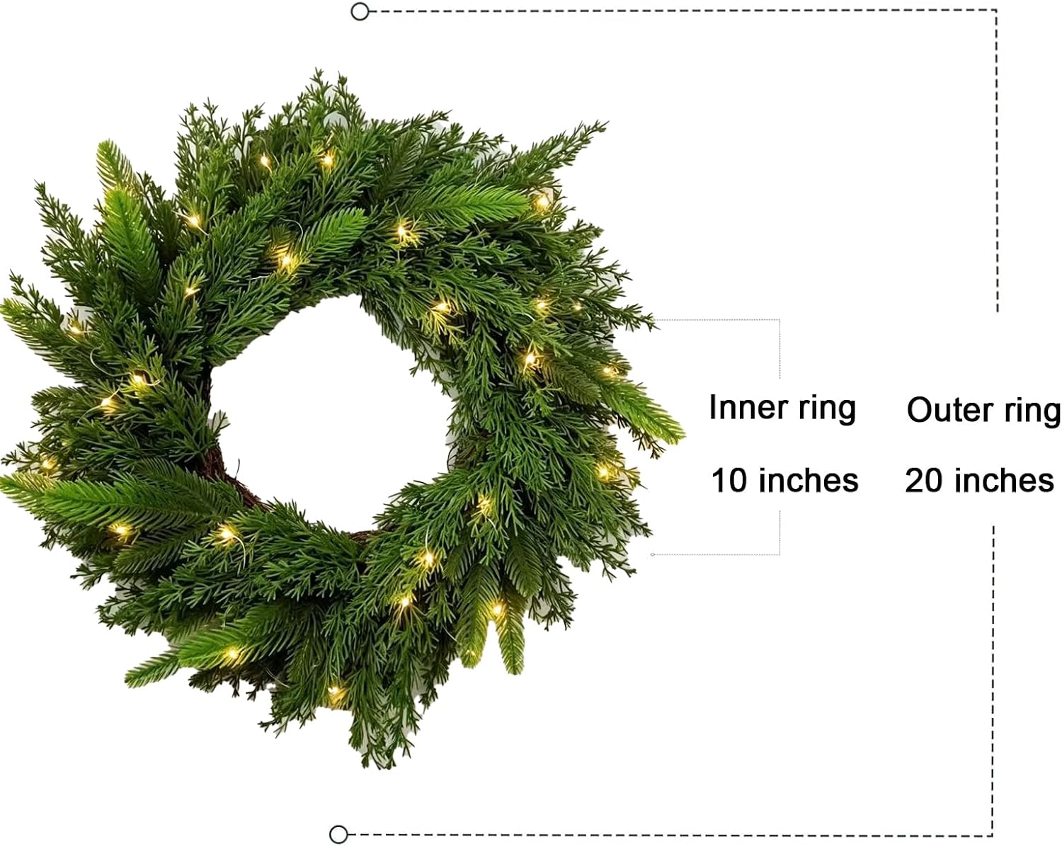 20 inch Pre-lit Artificial Cedar Wreath, Evergreen Greenery Wreath for Front Door, Battery Operated Timer 50 Led Warm White, Indoor Outdoor Decor for Christmas, Spring, and All Seasons
