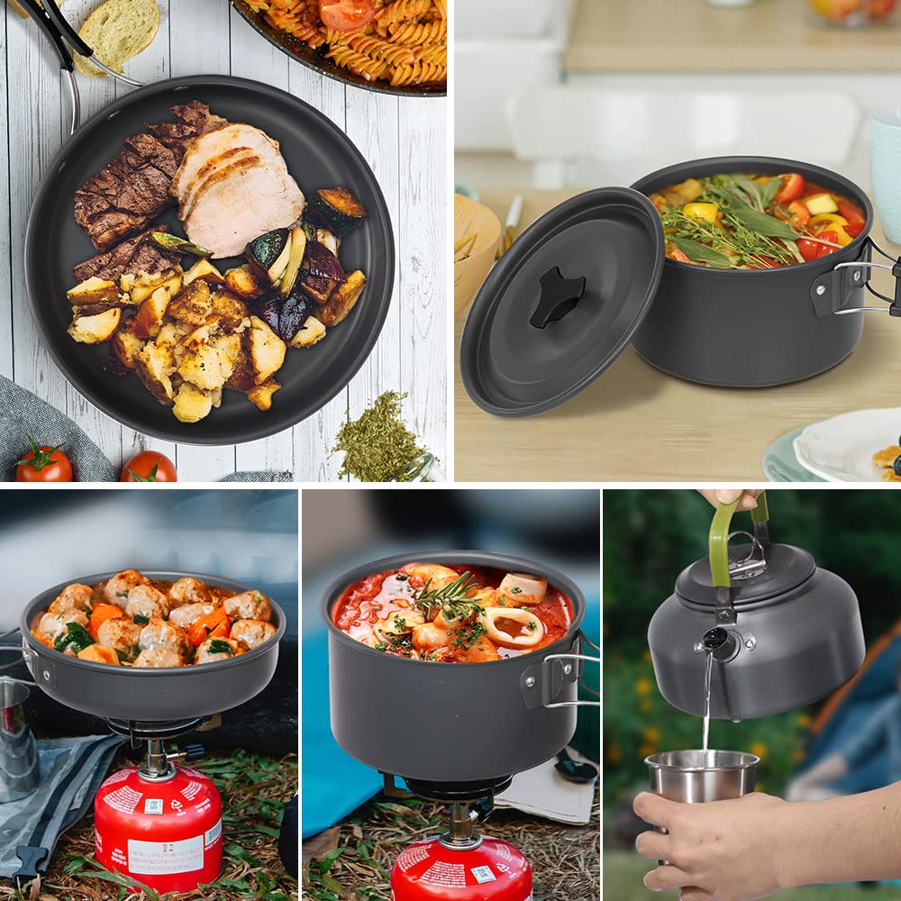 Lixada Camping Kochgeschirr Set Leichte Camping Topf Aluminium Pan Kettle Cups Löffel Gabel Cutter für Picknick Wandern Kochen Camping 2-3 Personen