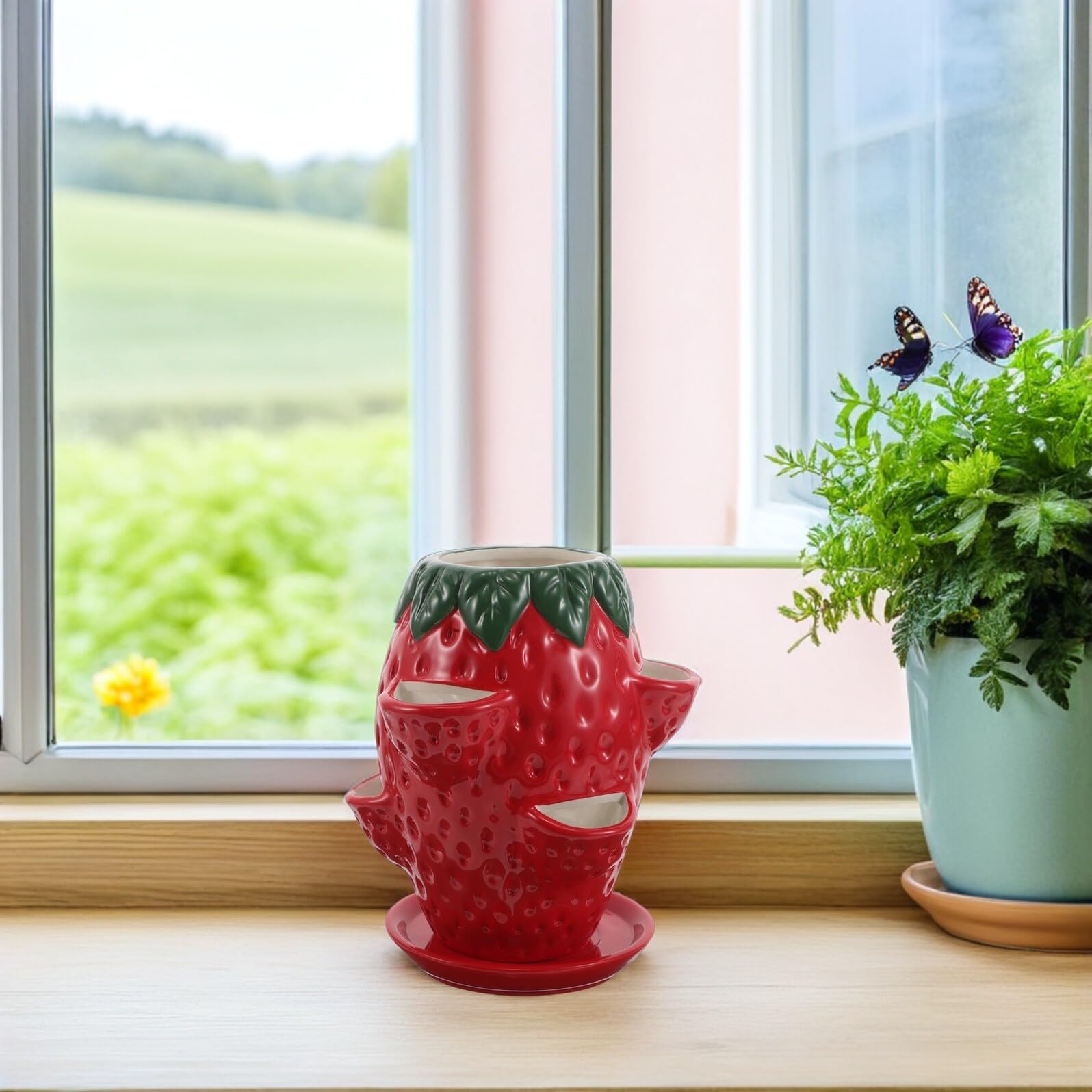 Ceramiczne Doniczki Do Sukulentów i Storczyków Lekki Wielootworowy Doniczkowy Pojemnik Kształcie Truskawki z Podstawką Dekoracyjny Kwietnik Do Domu i Ogrodu