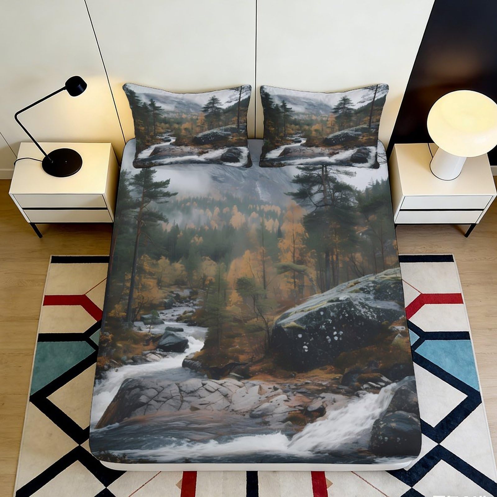 3D Printed Forest River Fitted Sheet Microfiber Soft Woodland Stream Bed Cover for Bedroom Guest Room Decor Protection 90x200x25cm