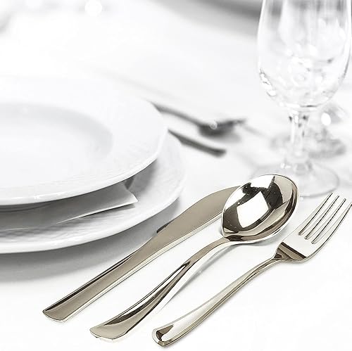 Miniatura 5 de Juego de 100 cubiertos de plástico plateado para fiesta, juego combinado de cubiertos de lujo, desechables y duraderos, 40 tenedores, 30 cuchillos y