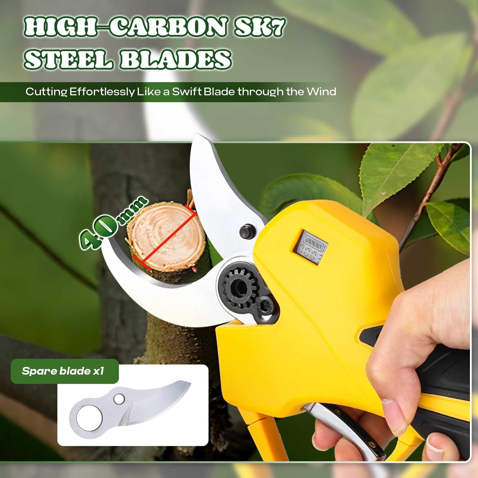 Moongiantgo Sécateur à Batterie, 40mm Diamètre de Coupe, Sécateur Sans Fil avec Écran LCD & 2x2000mAh, Moteur Sans Brosses, Lames Acier Carbone, Idéal pour les Arbres Fruitiers, Jardins