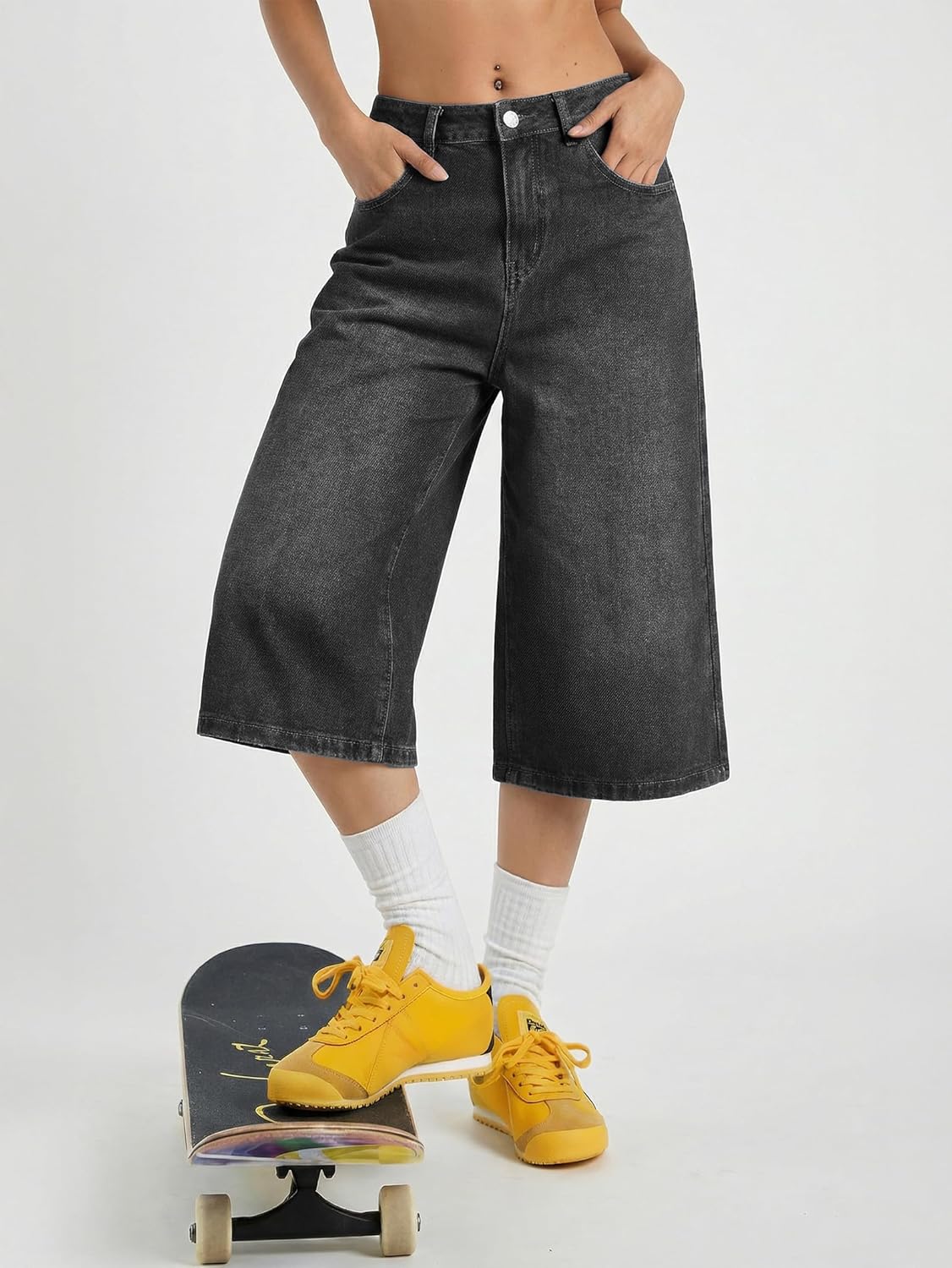 EMMIOL Womens Long Jorts Baggy Y2K Mid High Waisted Retro Jean Shorts Trendy Streetwear Wide Leg Denim Bermudas - Image 5